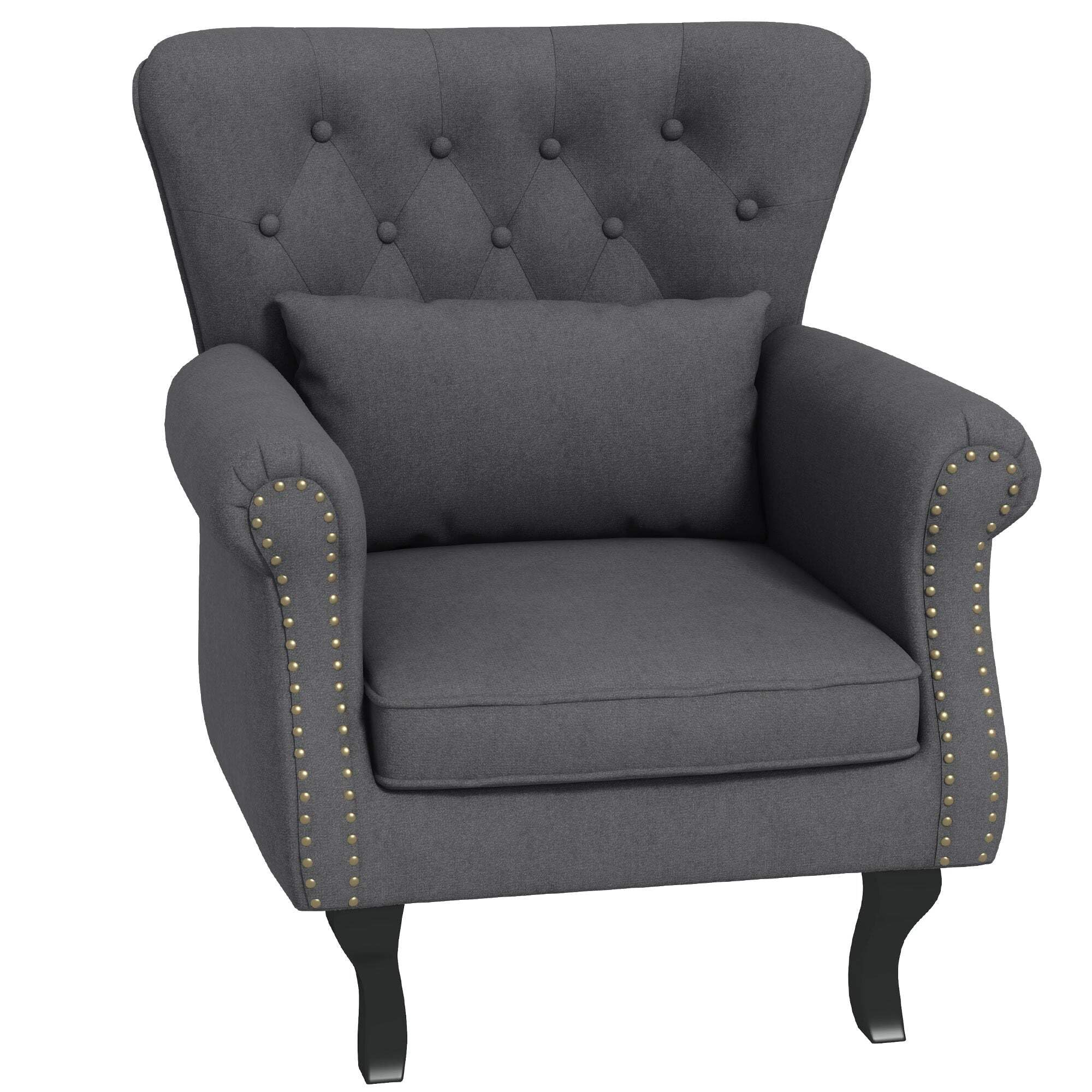 HOMCOM Vintage Wingback Armchair - Dark Grey Linen-Feel Fabric - Nailhead Trim - Button Tufted - Rolled Arms