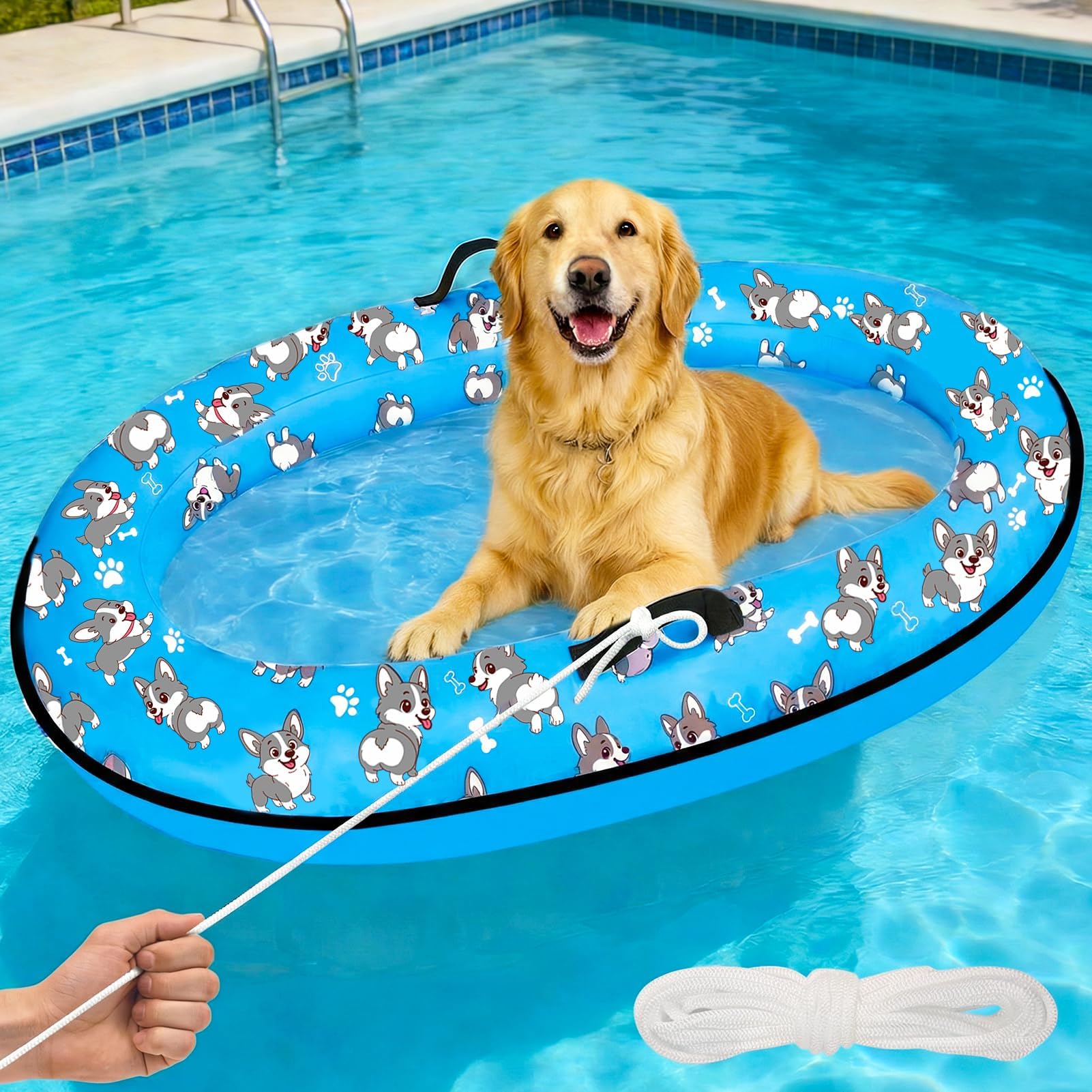 Inflatable Dog Pool Float with Rope,Portable Puppy Raft for Pool or Lake,Floating Pet Float for Small Medium Large Dogs,Up to 80 lb