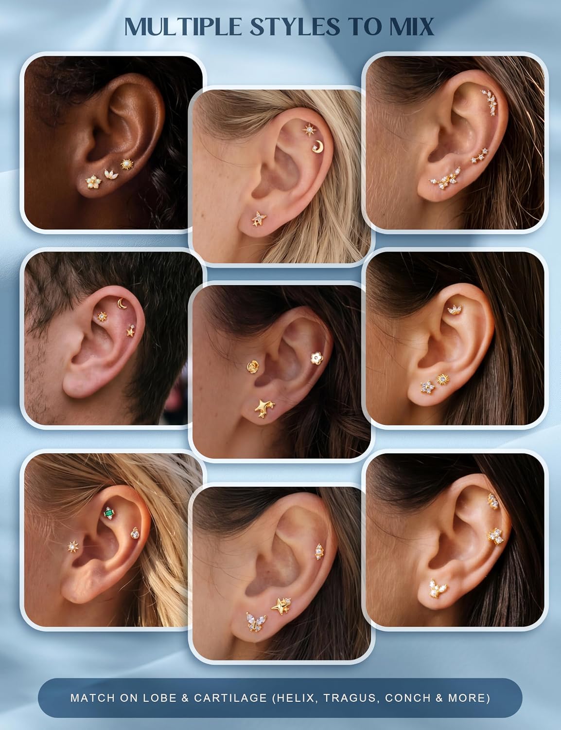 ORAZIO 925 Sterling Silver Flat Back Stud Earrings for Women Hypoallergenic 14K Gold Plated Cartilage Earrings for Sensitive Ears Small CZ Opal Conch Helix Tragus Piercing Jewelry 3 Pairs 20G