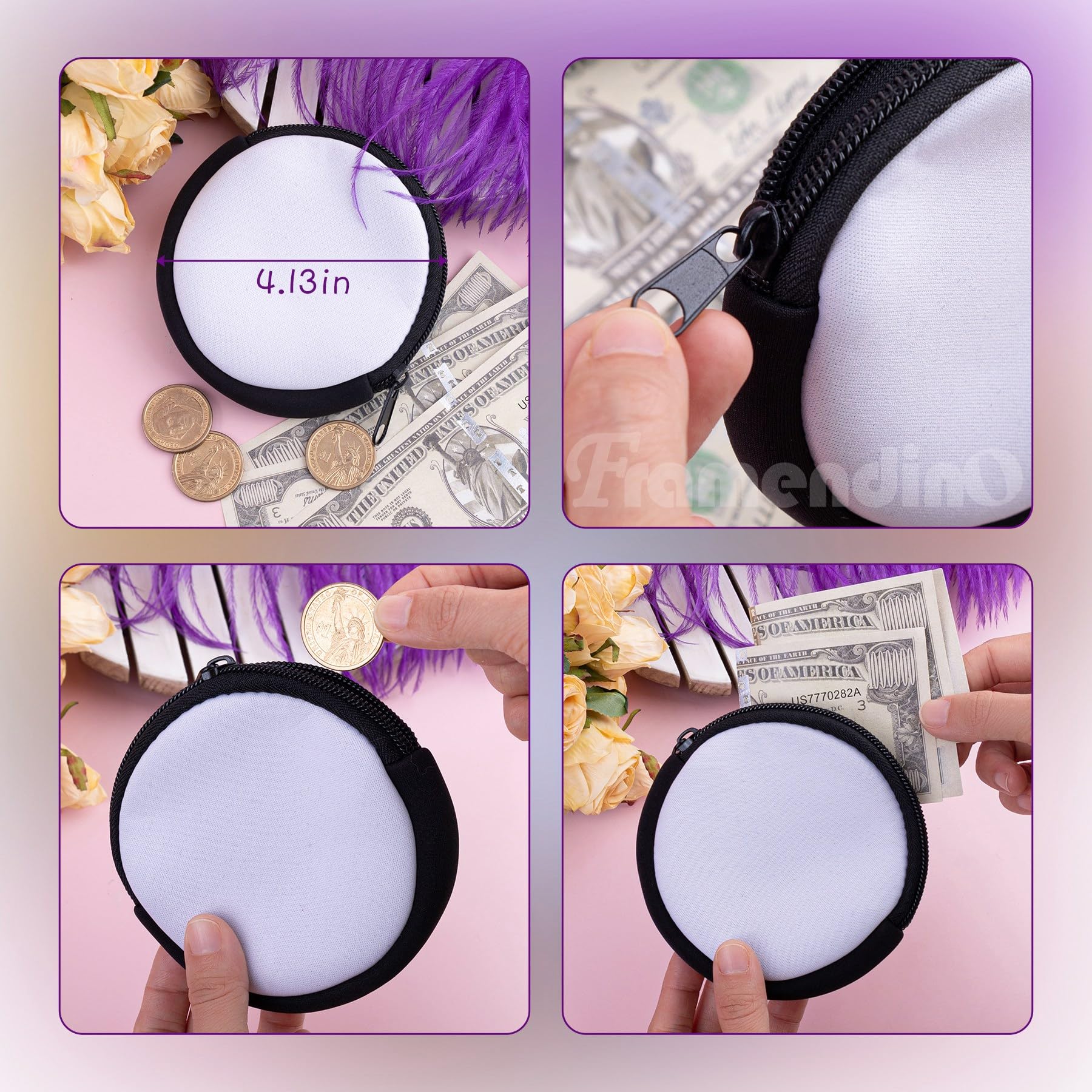 Framendino, 4 Pack Sublimation Coin Purse Blanks Heat Transfer Bags with Zipper for DIY Craft
