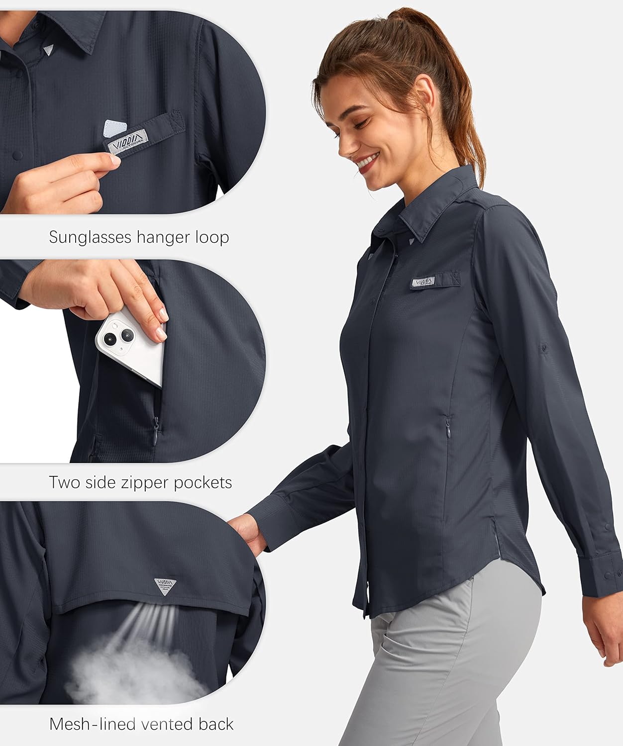 Womens Sun Protection Fishing Shirt with Zipper Pockets Lightweight SPF Long Sleeve Shirts for Hiking Safari - Image 4