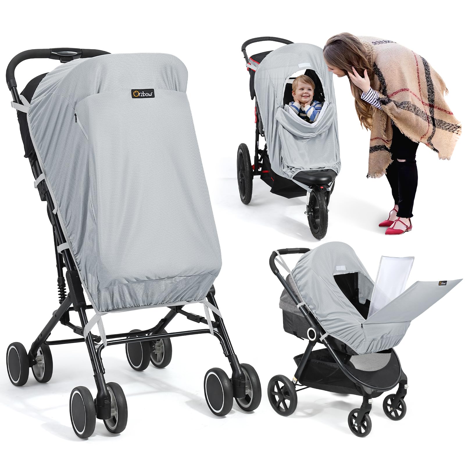 Orzbow Pram Sun Shade, Breathable Sun Shade for Pram with Mosquito Net & Zip, Universal Buggy Sun Shade with Double Opening, Strong Sun Shading, Easy Access, Blocks 95% UV(UPF 50+), Black — view 7