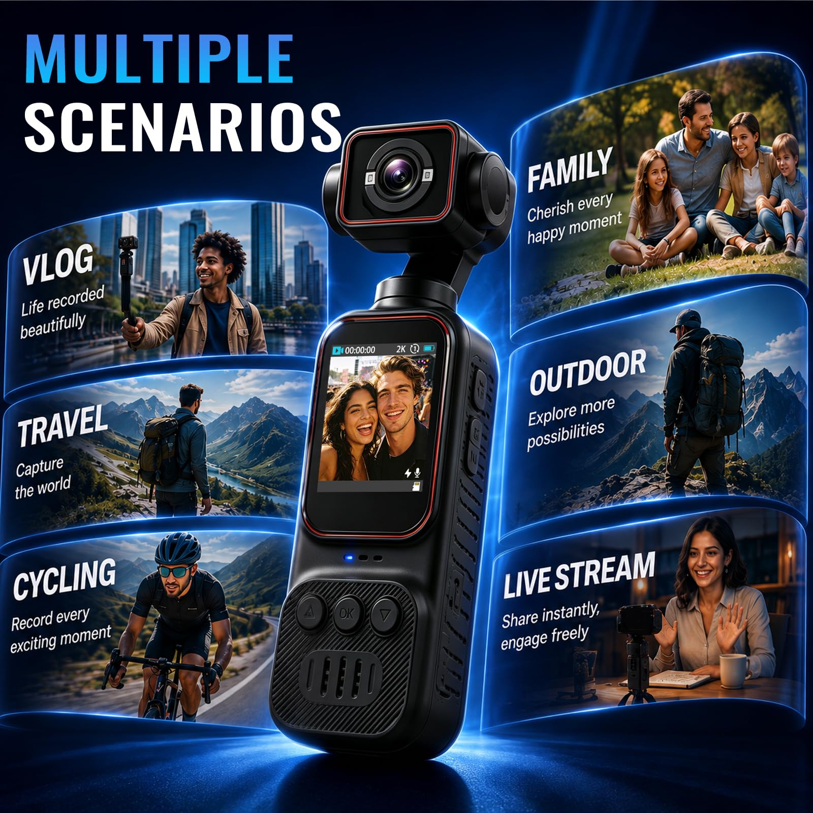 NHOPEEW 2K Vlog Camera con Display da 2 Pollici, POV Wi-Fi Pocket Camera