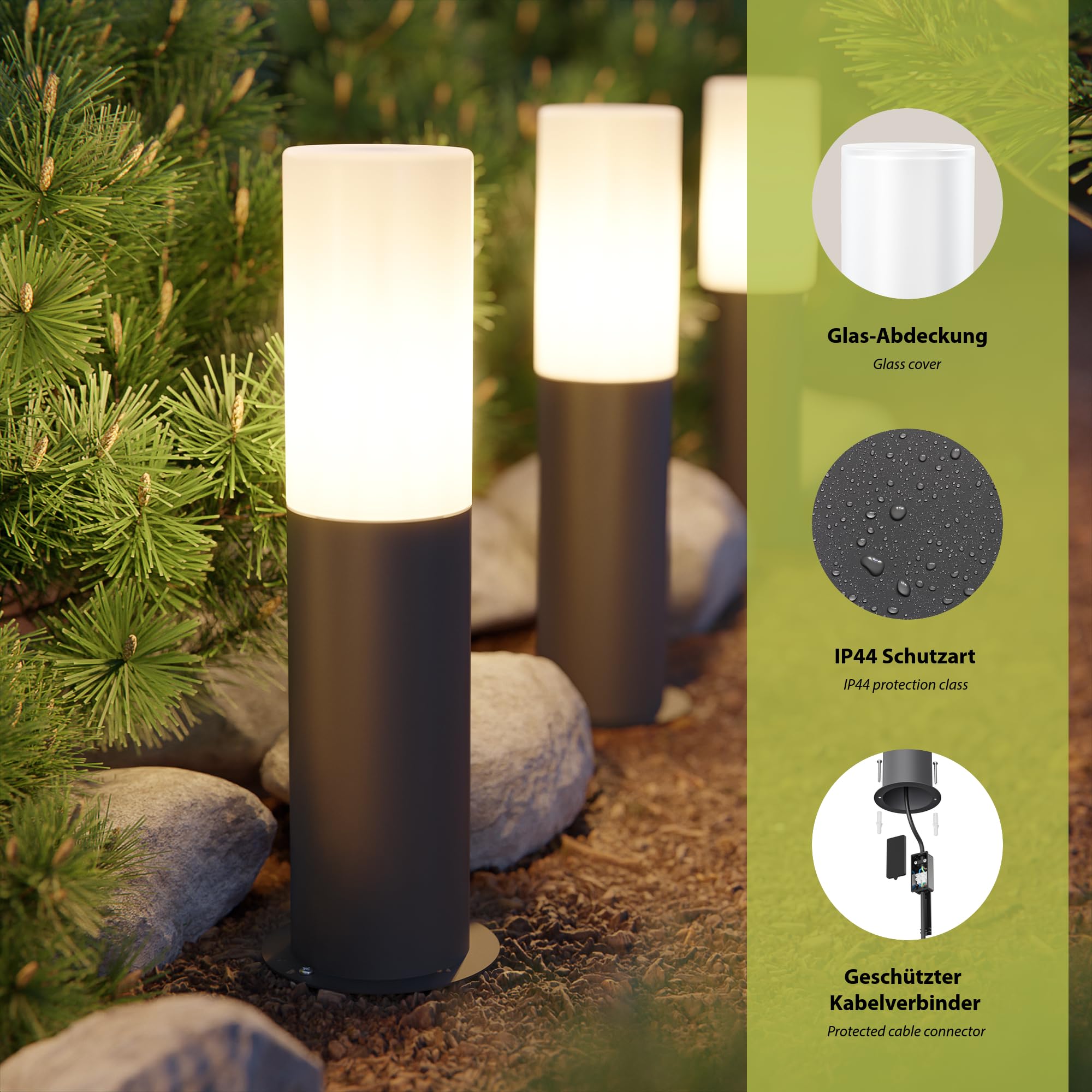 ledscom.de 3x Wegelicht/Pollerleuchte GROPO für außen mit Premium Echtglashaube – UV-beständig, kein Vergilben, IP44, 41 cm, anthrazit 1x E27 max. 40W