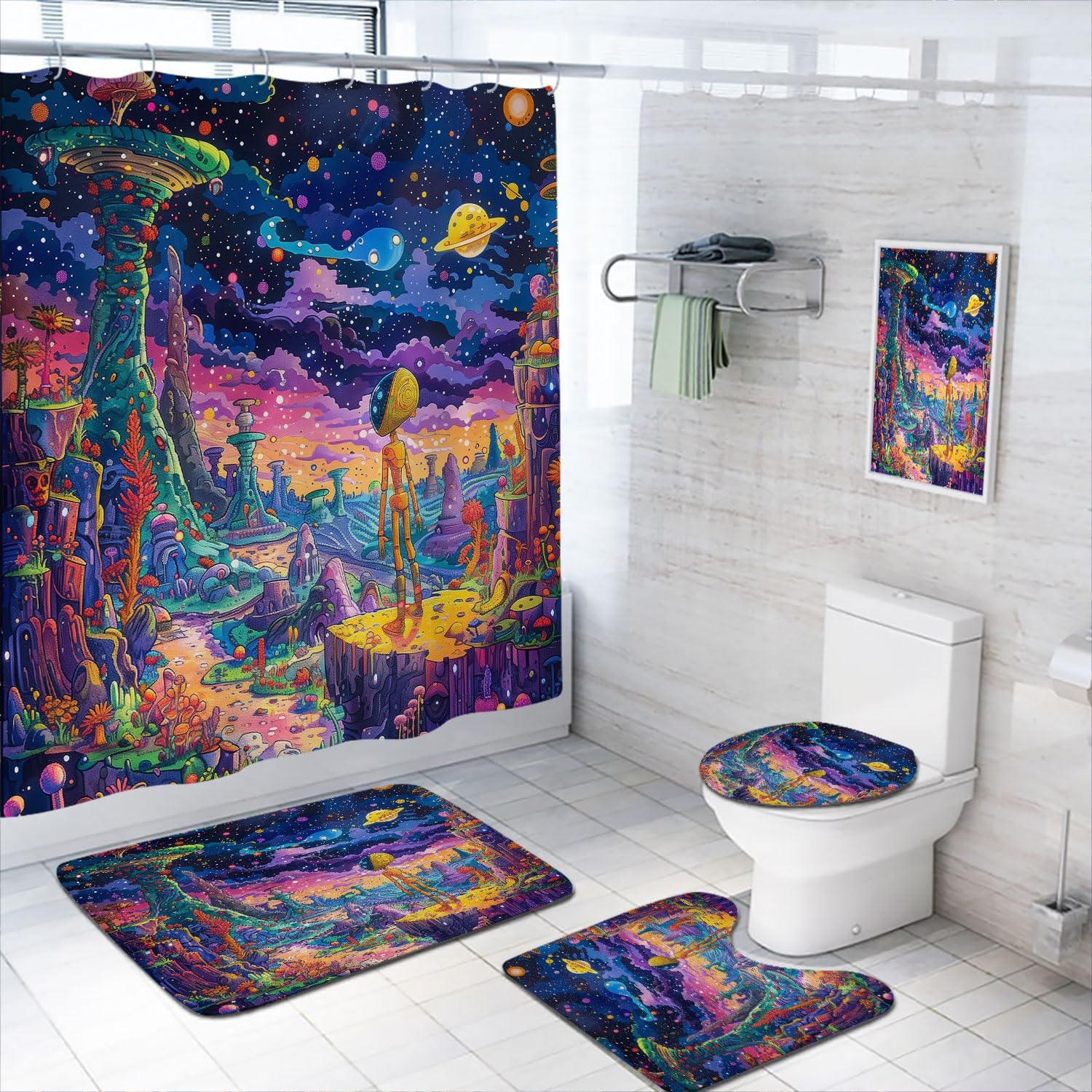 4 Pcs Psychedelic Shower Curtain Set with Rug, Toilet Lid Cover and Bath Mat Trippy Hippie Alien Colorful Fantasy Planet Shower Curtain with 12 Hooks, Durable Bathroom Decor Set