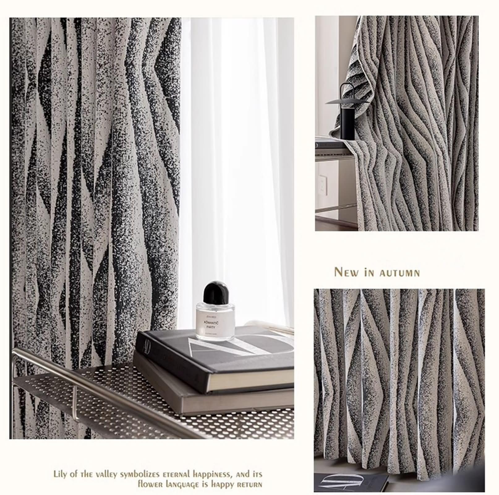2 Panneaux Rideaux Occultant, Rideau Occultant Thermique Isolant Chenille à Crochets Motif Géométrique Ondulé Jacquard Fenetre Rideaux Chambre Salon Intérieurs Gris Noir, 137L x 160H cm