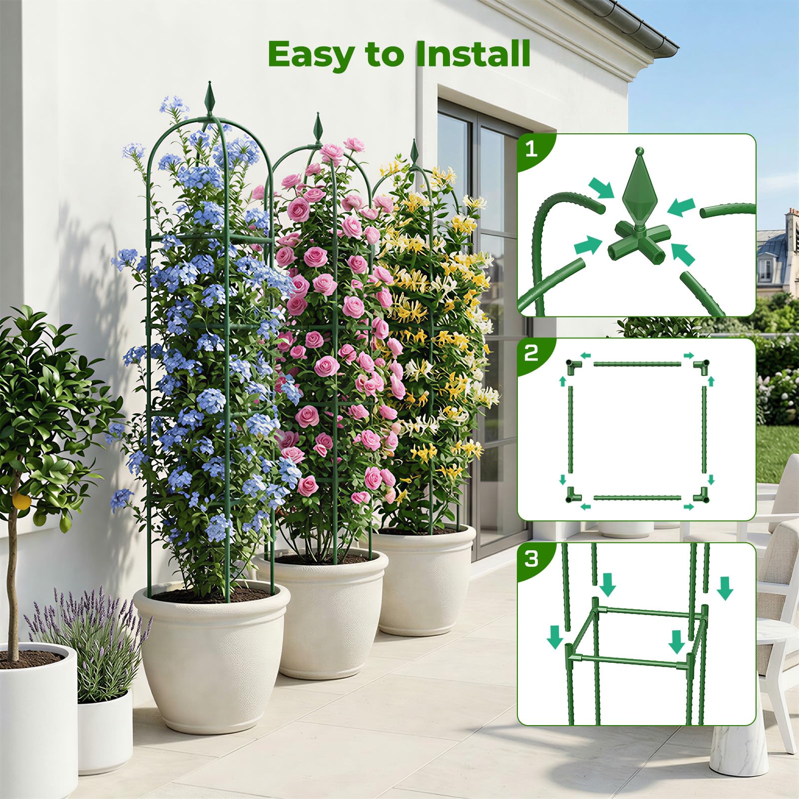 Treillis obélisque de jardin de 0,6 m, treillis obélisque pour plantes grimpantes d'extérieur, support d'escalade en fer revêtu de PVC, treillis en pot pour rose intérieur et extérieur, vert (4