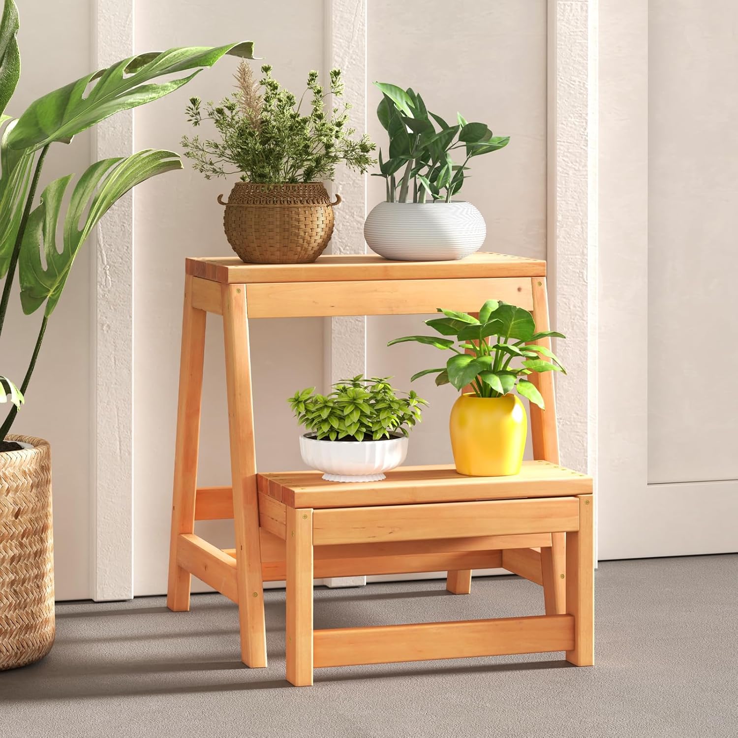 S AFSTAR Folding Plant Stand, 2-Tier Wooden Step Ladder Flowerpot Shelf, Multipurpose 2-Step Ladder Wood Stool Plant Rack, Indoor Outdoor Plant Display Shelf for Garden Balcony Living Room Home