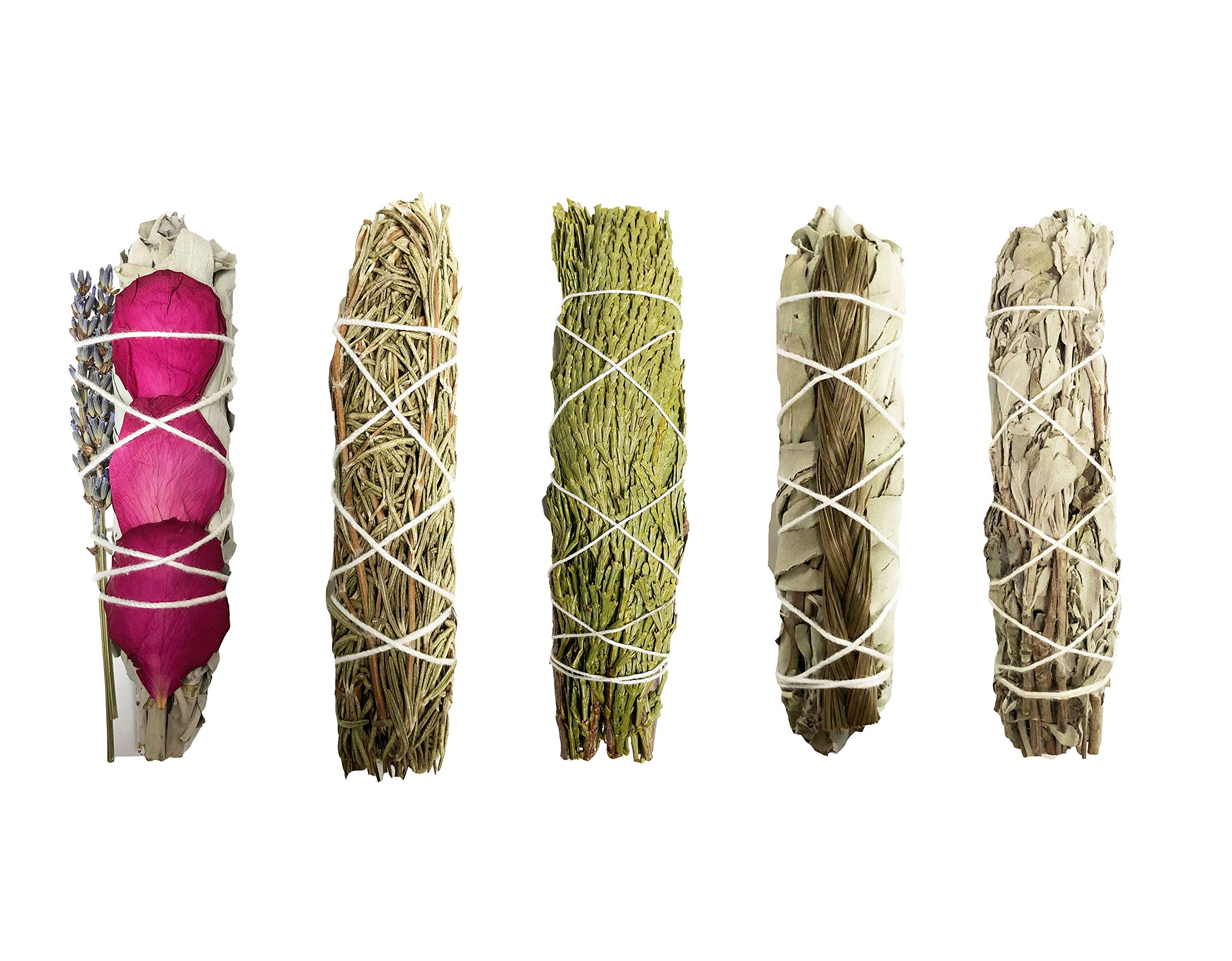 Smudge Sticks Sampler - 1 White Sage with Rose and Lavender, 1 Rosemary, 1 Cedar, 1 Sweetgrass White Sage and 1 Black Sage