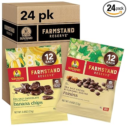 Sun-Maid Farmstand Reserve 24 Count Variety Pack - 0.8 oz Snack Bag – (12) Sea Salt Cocoa & Caramel Dusted Raisins + (12) Sea Salt Chocolate Coated Banana Chips (Amazon Exclusive)