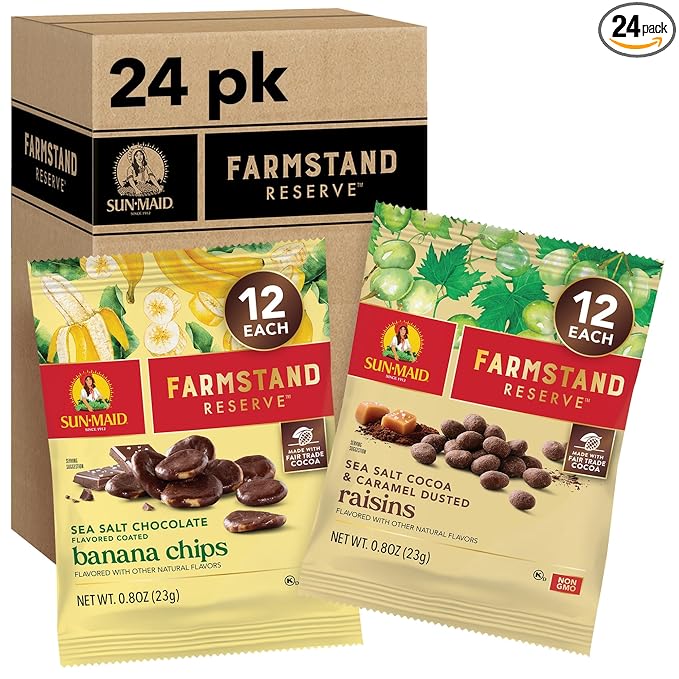 Sun-Maid Farmstand Reserve 24 Count Variety Pack - 0.8 oz Snack Bag – (12) Sea Salt Cocoa & Caramel Dusted Raisins + (12) Sea Salt Chocolate Coated Banana Chips (Amazon Exclusive)