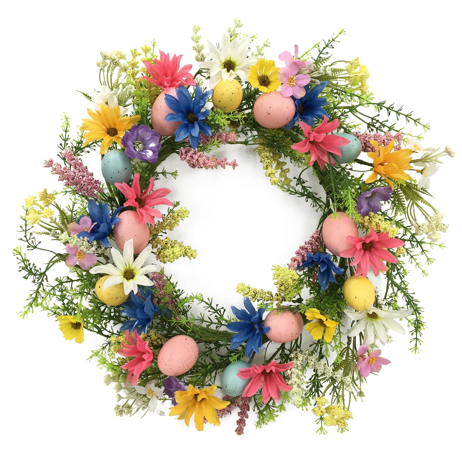 Beautiful Easter Wreath for Front Door, 20 Inch Outdoor Easter Egg Wreath with Colorful Artificial Flowers and Pastel Speckled Eggs, Door Decor for