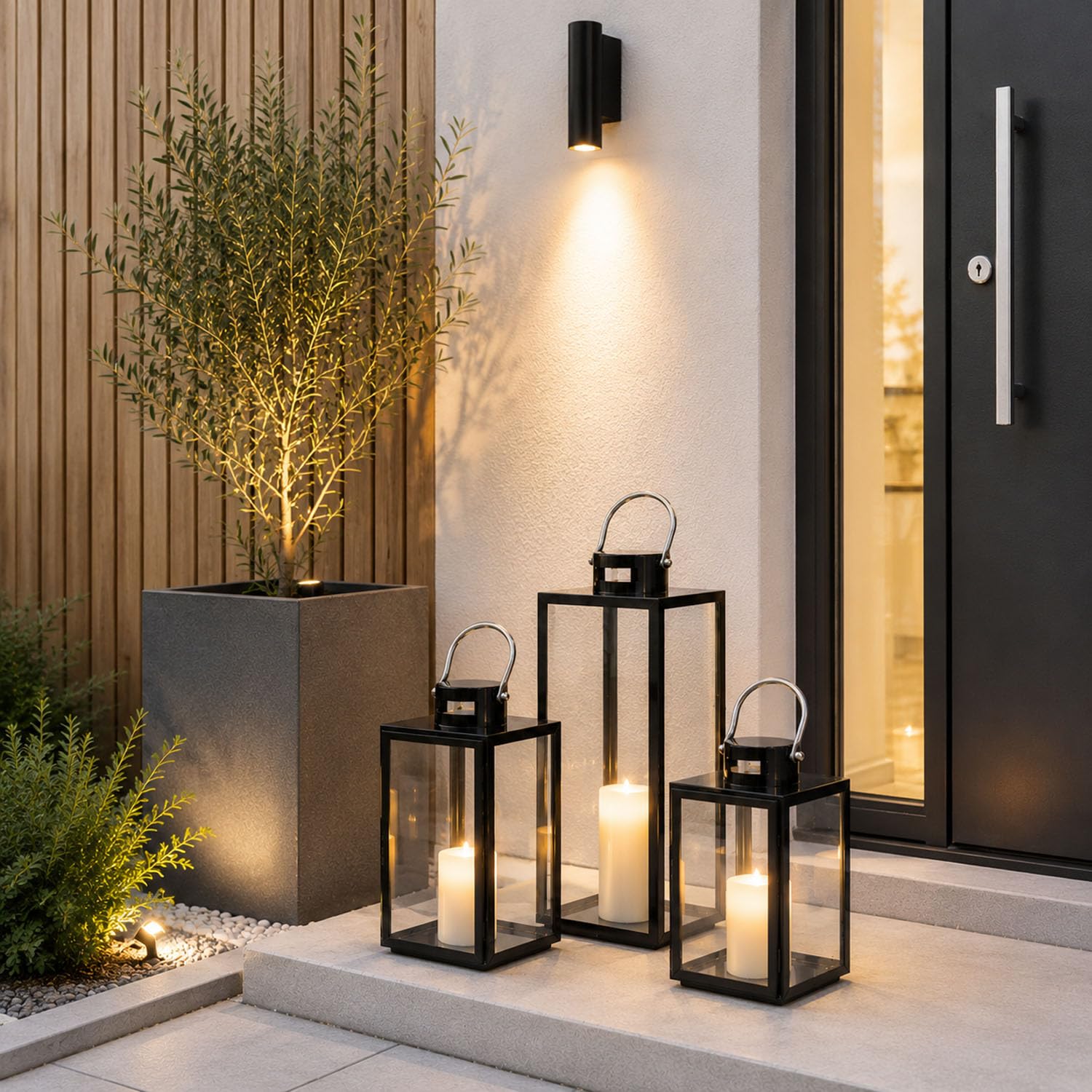 Mojawo 3er Set Gartenlaternen Set Windlicht Stalllaterne Windlicht Laterne Glas 30/40 / 53 cm Metall Schwarz