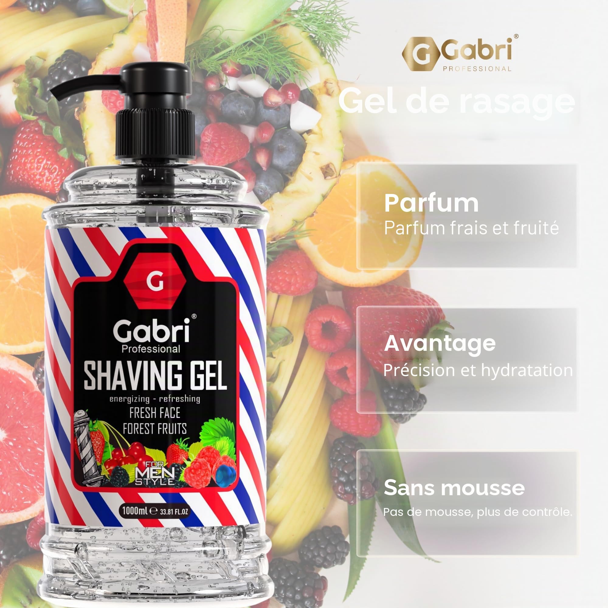 Gabri Gel à raser avec pompe Transparent 1000 ml | Expérience de rasage hydratante et lisse | Fresh Active Facile, Rafraîchissant, Smooth Shave (fruits de la forêt)