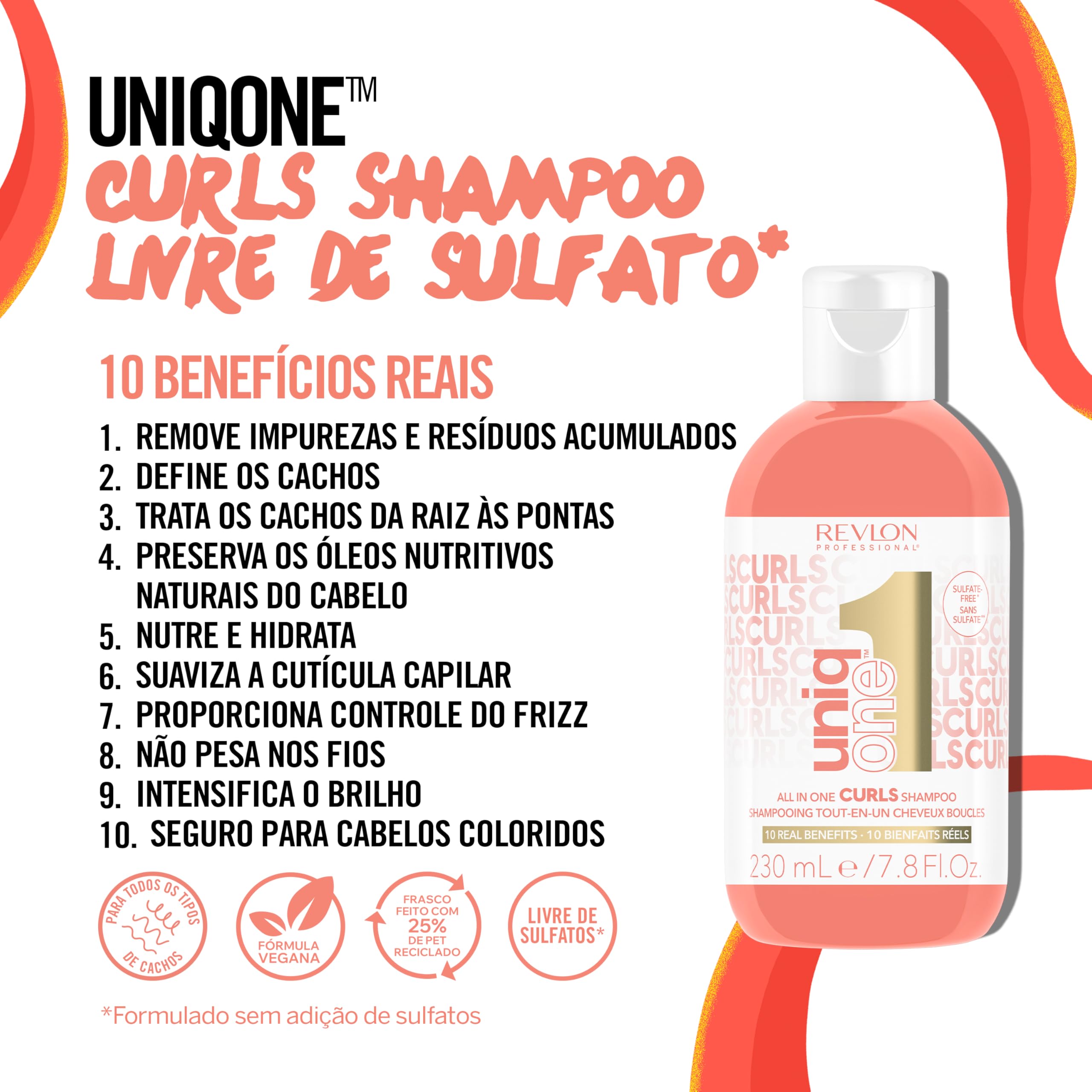REVLON PROFESSIONAL UniqOne Curls Shampoo, 10-in-1 Sulfate-Free Formula for Curly Hair, Curl Defining, Controls Frizz, Hydrates, Color Safe & Vegan, 7.7 fl oz