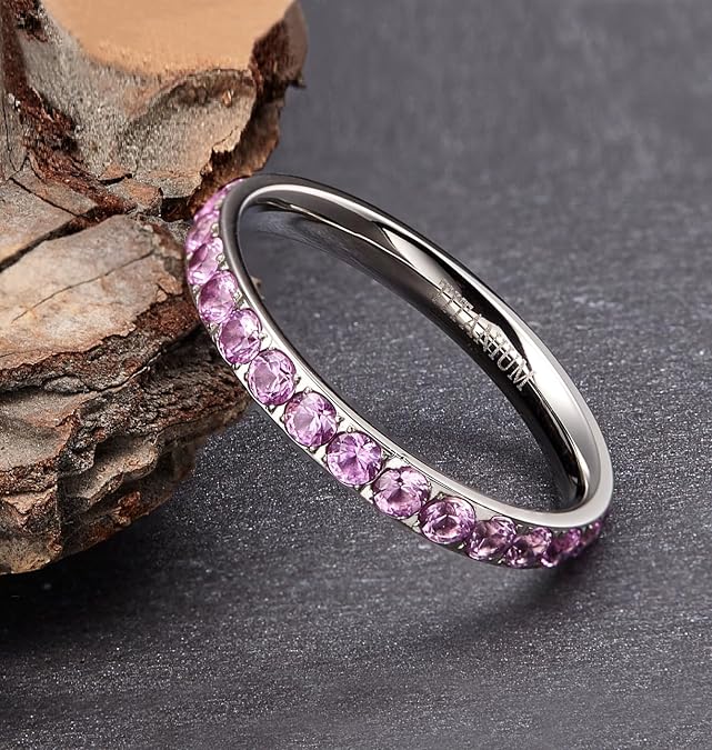 TIGRADE 3mm Women Titanium Engagement Ring Cubic Zirconia Eternity Wedding Band Size 3-13.5