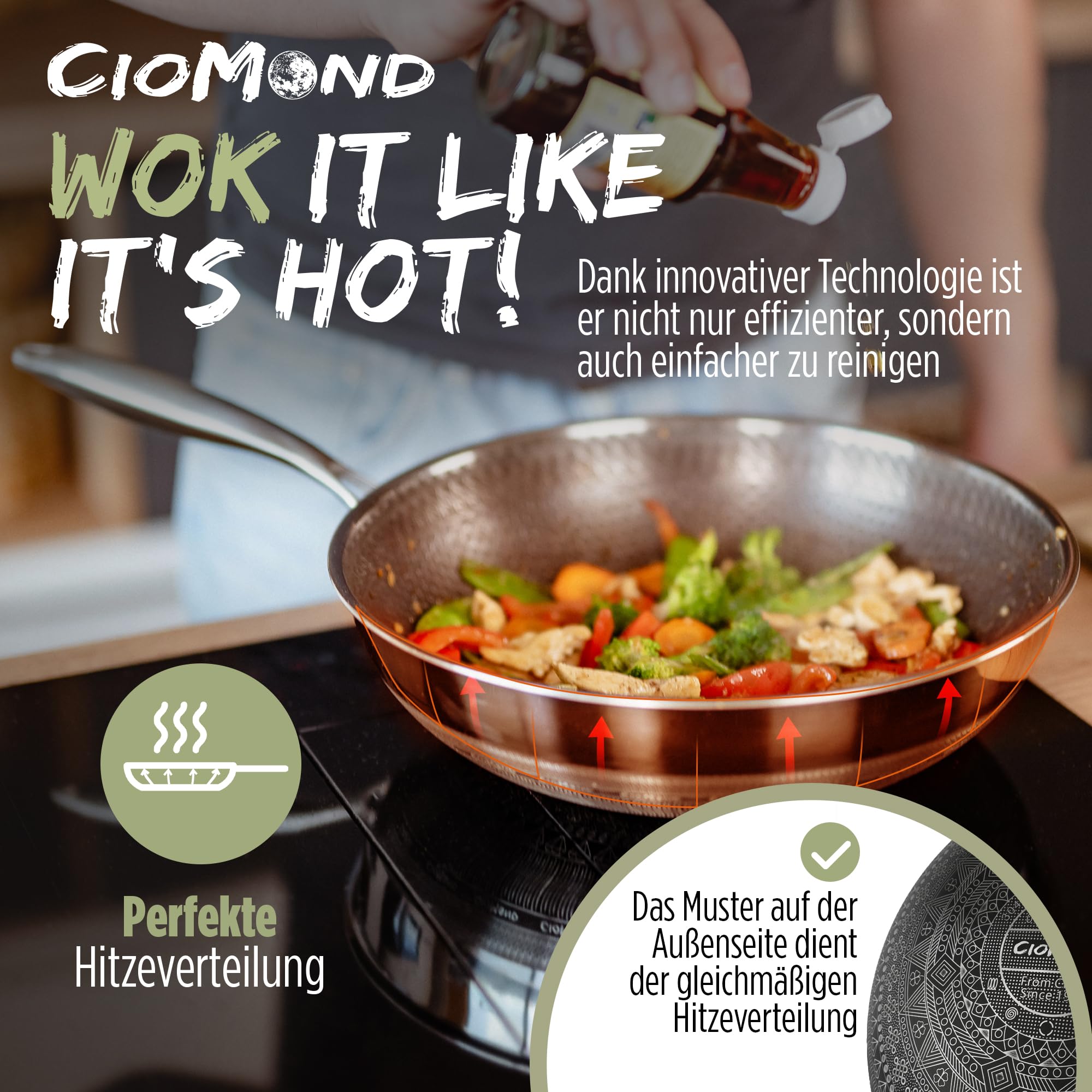 Wokpfanne mit Deckel Wok Pfanne Induktion 28cm - aus Edelstahl mit Antihaft Wabenstruktur | geeignet für Induktionsherd, Elektro, Gas | Spülmaschinenfest, gleichmäßige Hitzeverteilung