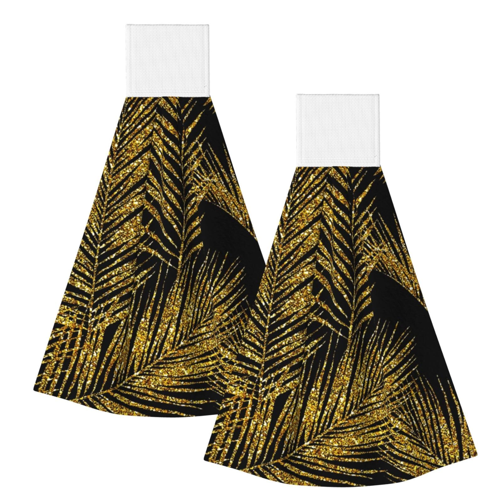 DOPKLNA Gold Glitter Palm Leaves, 2 Pcs Hanging Coral Fiber Hand Towels for Bathroom, Absorbent Kitchen Towels