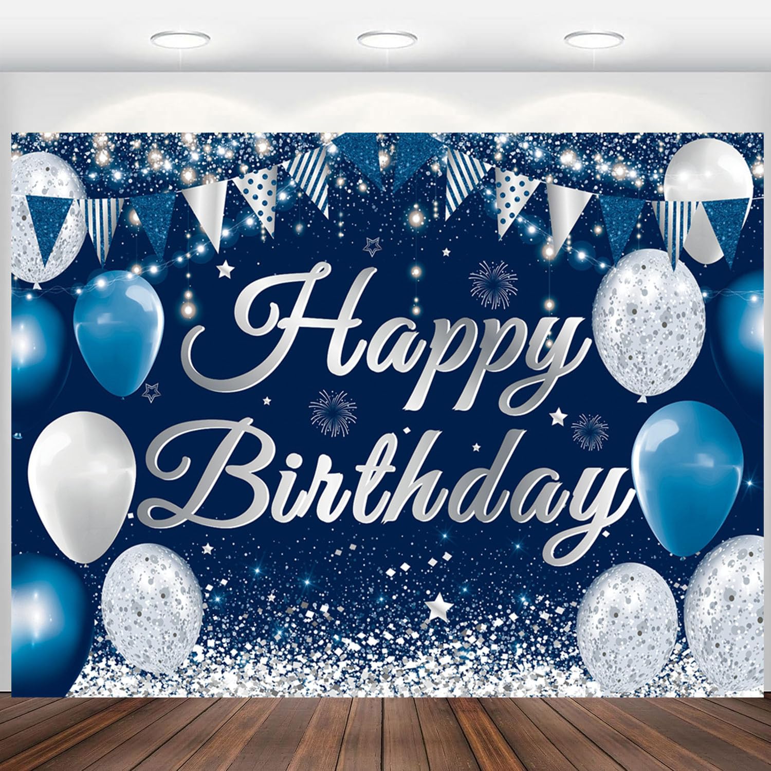 Happy Birthday Backdrop Banner Navy Blue and Silver Birthday Party Background Decorations for Men Women Boys Girls Supplies Fabric Indoor Outdoor