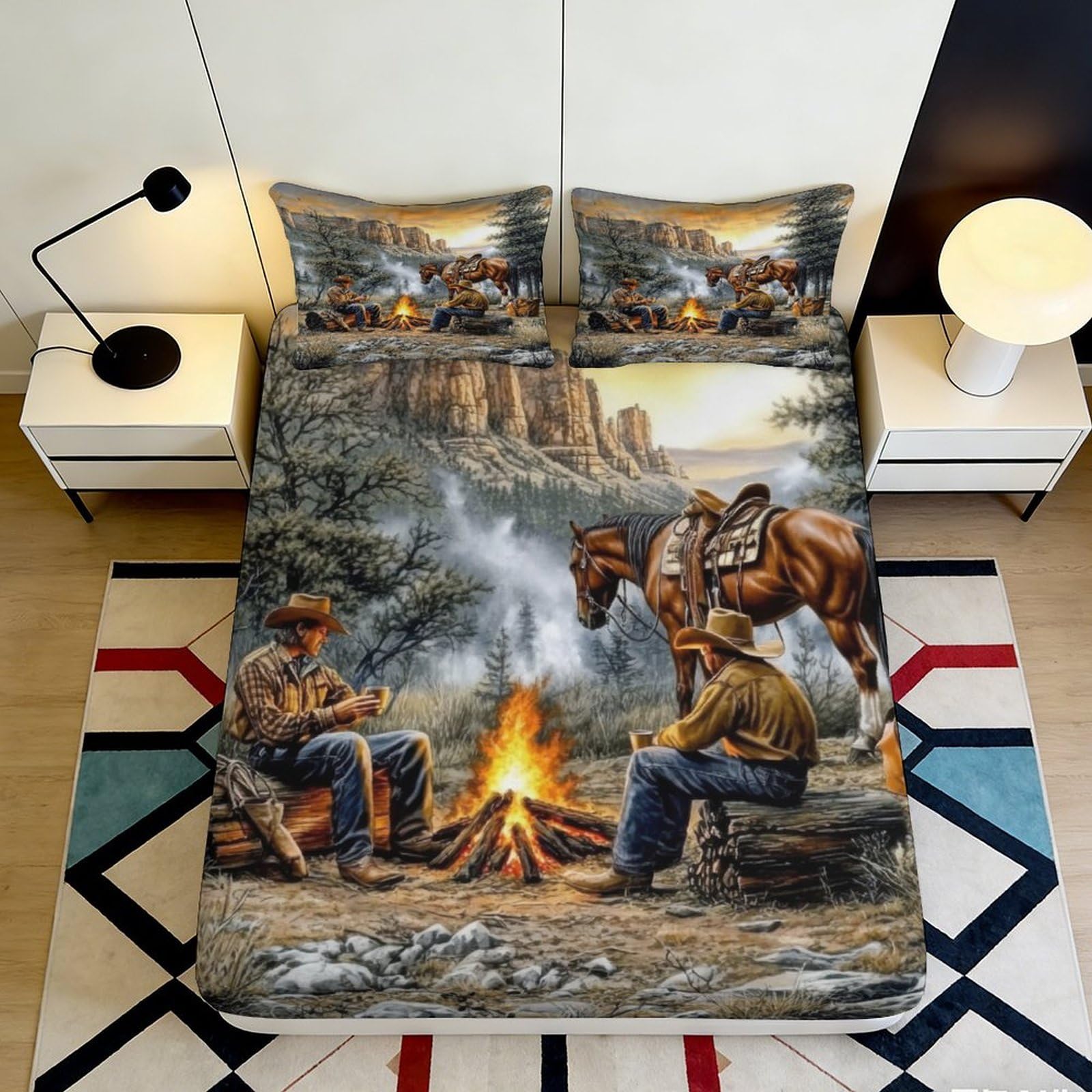 3D Printed Cowboy Campfire Fitted Sheet Microfiber Durable Soft Western Horse Bed Cover for Bedroom Guest Room Dormitory Mattress Protection 200x200x25cm
