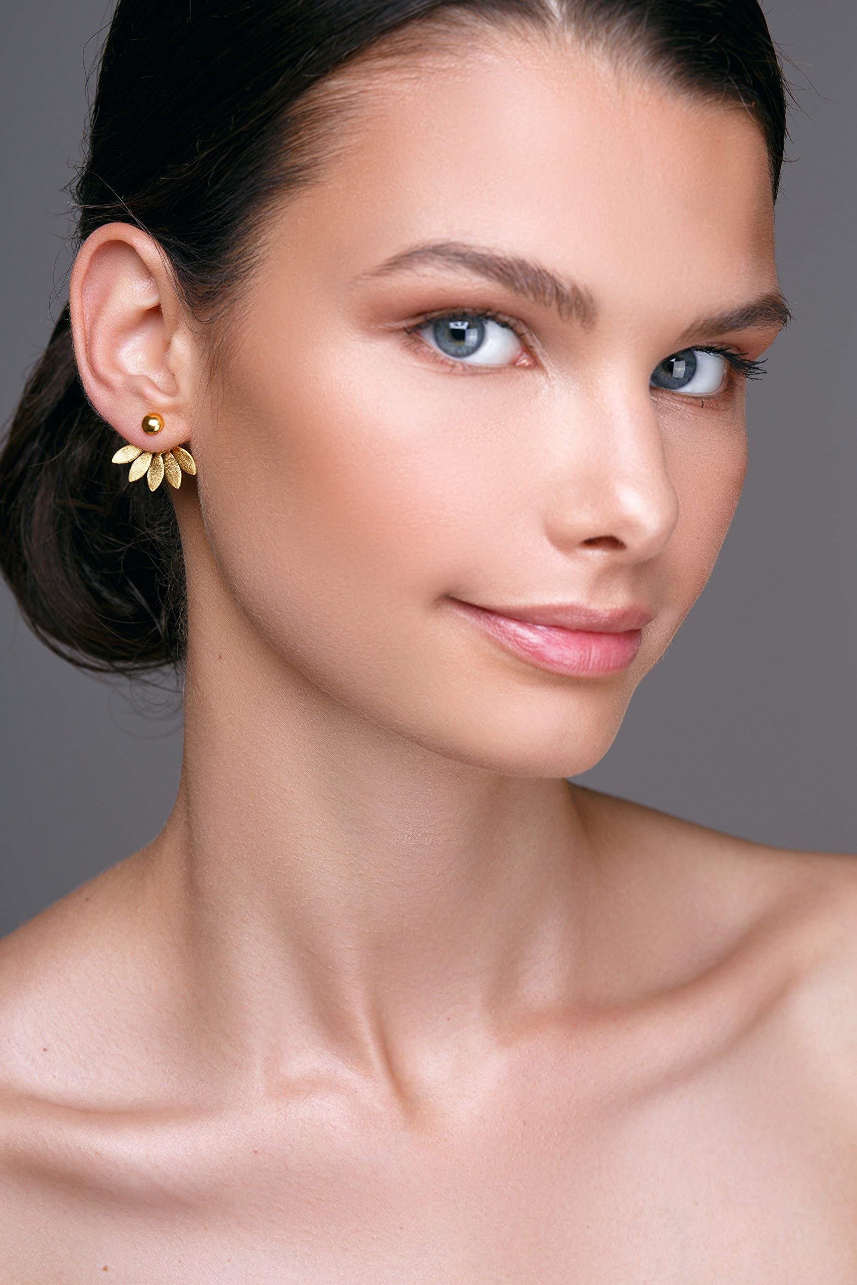 Handmade geschenk für sie Gold Sterlingsilber Ohrjacke Blumenohrringe, Statement-Minimalohrringe, Ohrringe vorne und hinten, ungewöhnliche Ohrstecker für Frauen,Blumenschmuck