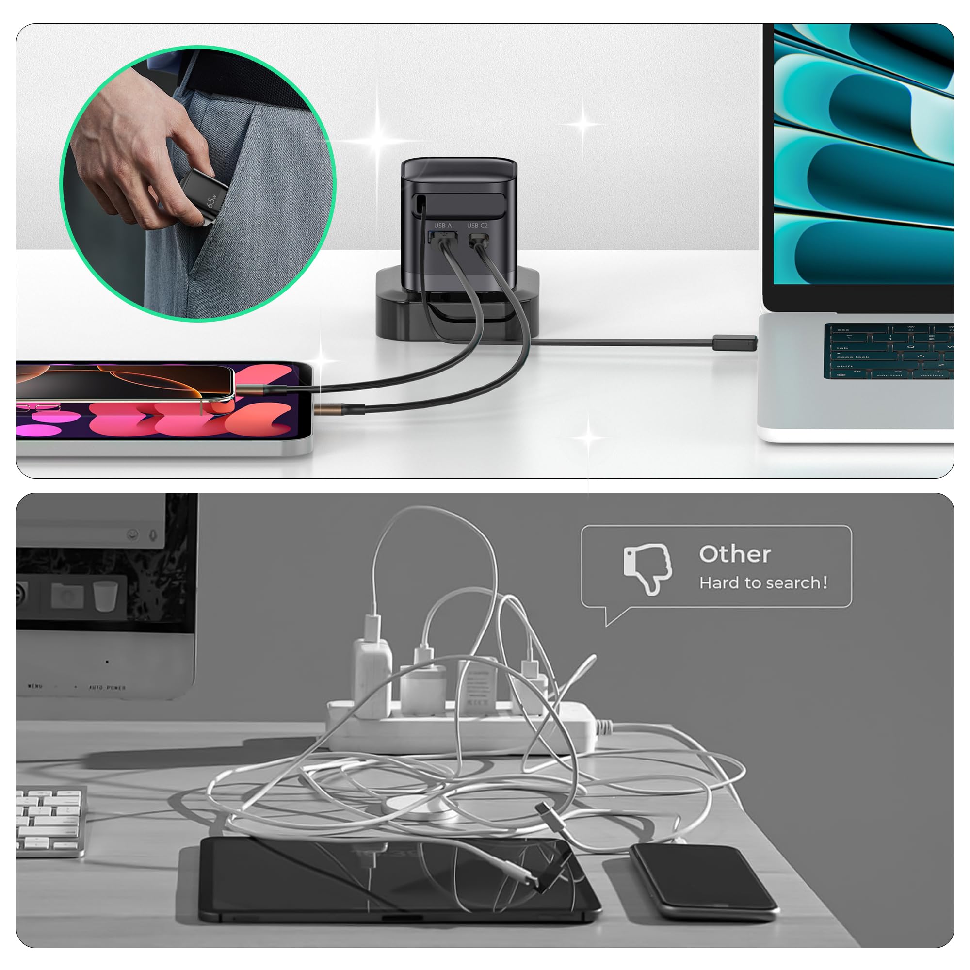 Caricatore USB C da 65 W a 3 porte con cavo retrattile, adattatore portatile GaN Power per MacBook Pro/Air, iPhone 17/16/15/14, per Samsung Galaxy S26/S25/S24, iPad, laptop, telefoni cellulari