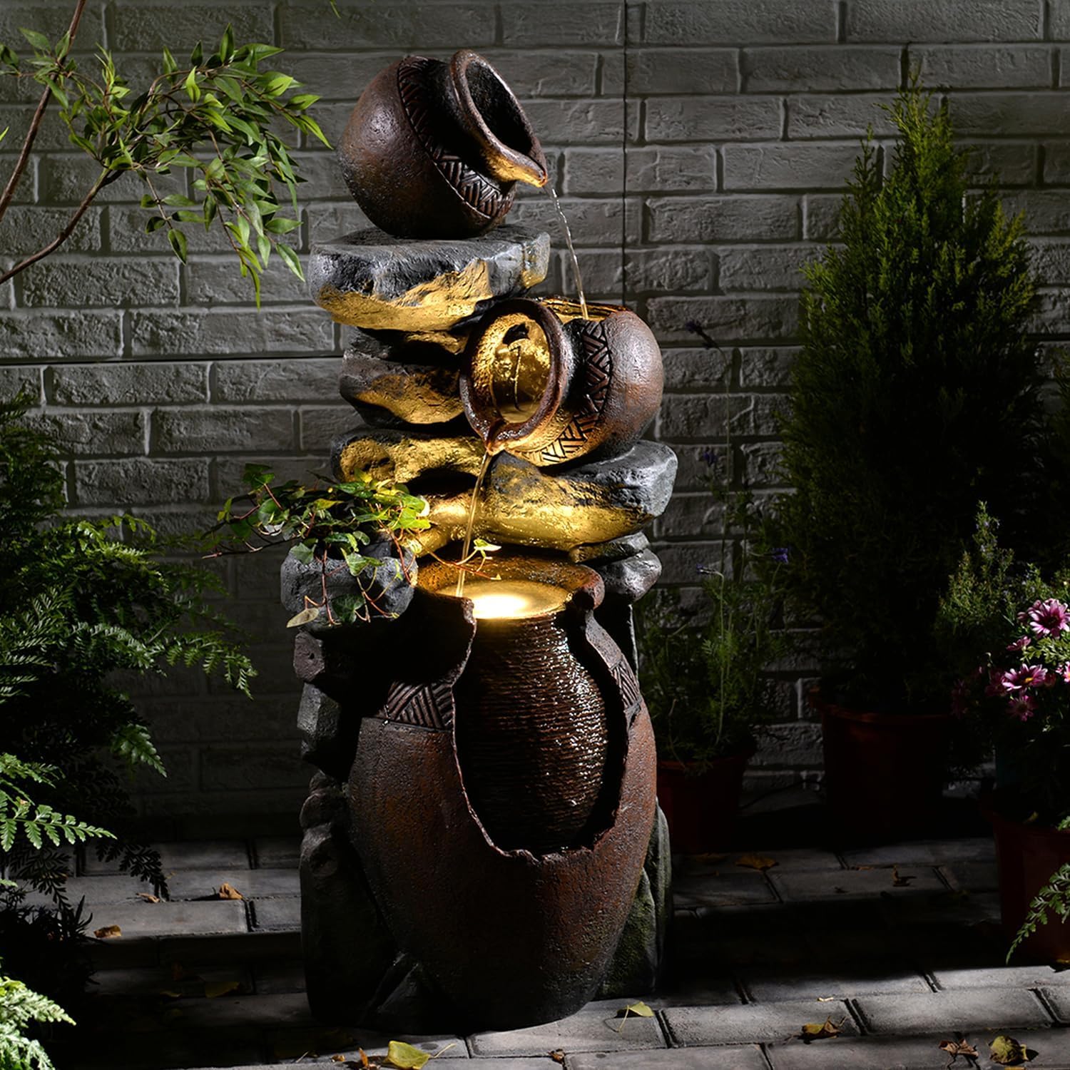 Sunlinua 3-Tier Outdoor Garden Fountain with Clay Pot Design – Stone-Effect Resin Water Feature with LED Lights for Patio, Balcony, Garden or Entrance, 37 × 34 × 97.5 cm | Brown