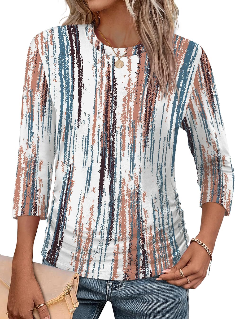 WIHOLL Womens 3/4 Length Sleeve Tops Crewneck Ruched Summer Shirts 2026 Business Casual Outfits Blouses Spring Clothes