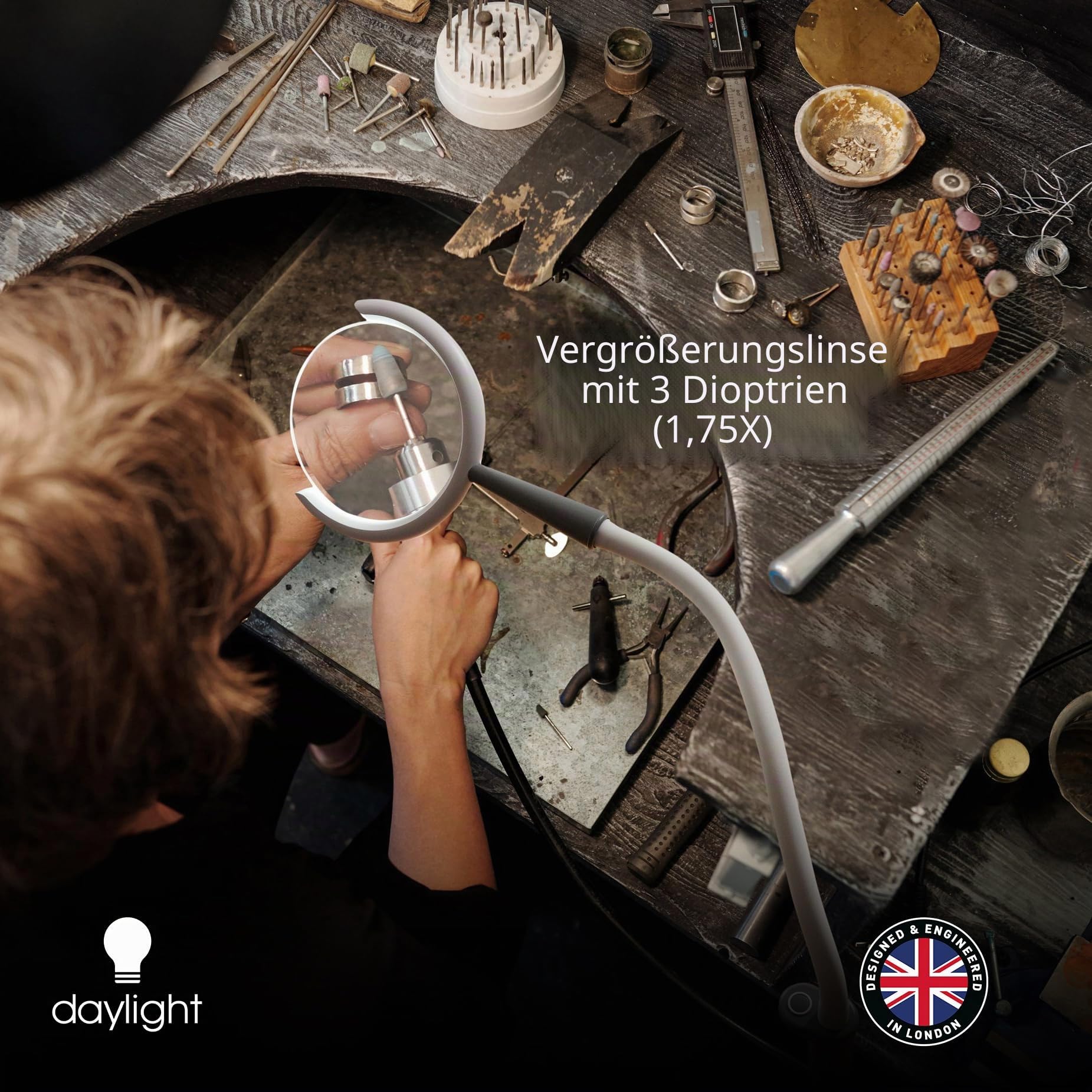 Daylight Magnificent Pro™ LED Lupenleuchte – 6000K, 95+ CRI, 1.75x Halbrandlose Linse, Dimmbare Lupenlampe für Nagelstudios, Tattoo, Beauty & Professionelle Detailarbeit