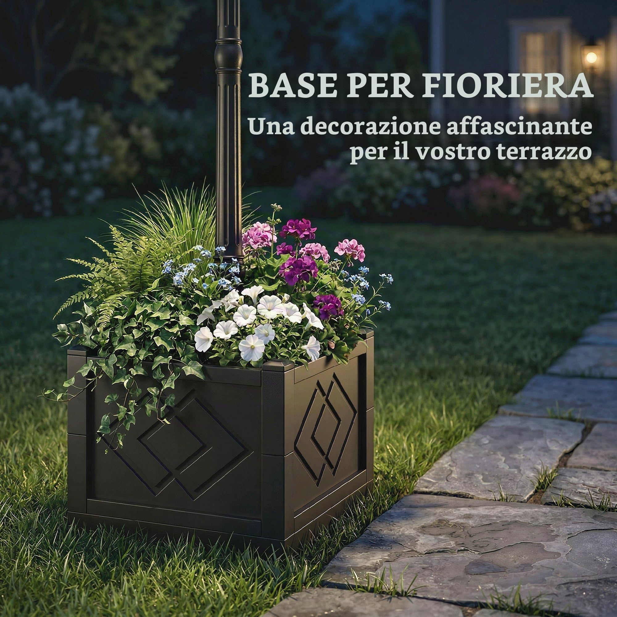 Outsunny Lanterna Solare Lampada da Terra con Vaso Fiori 195cm | Esterno, 2 livelli di luminosità, interruttore crepuscolare, IP44, lampada solare, per balcone giardino