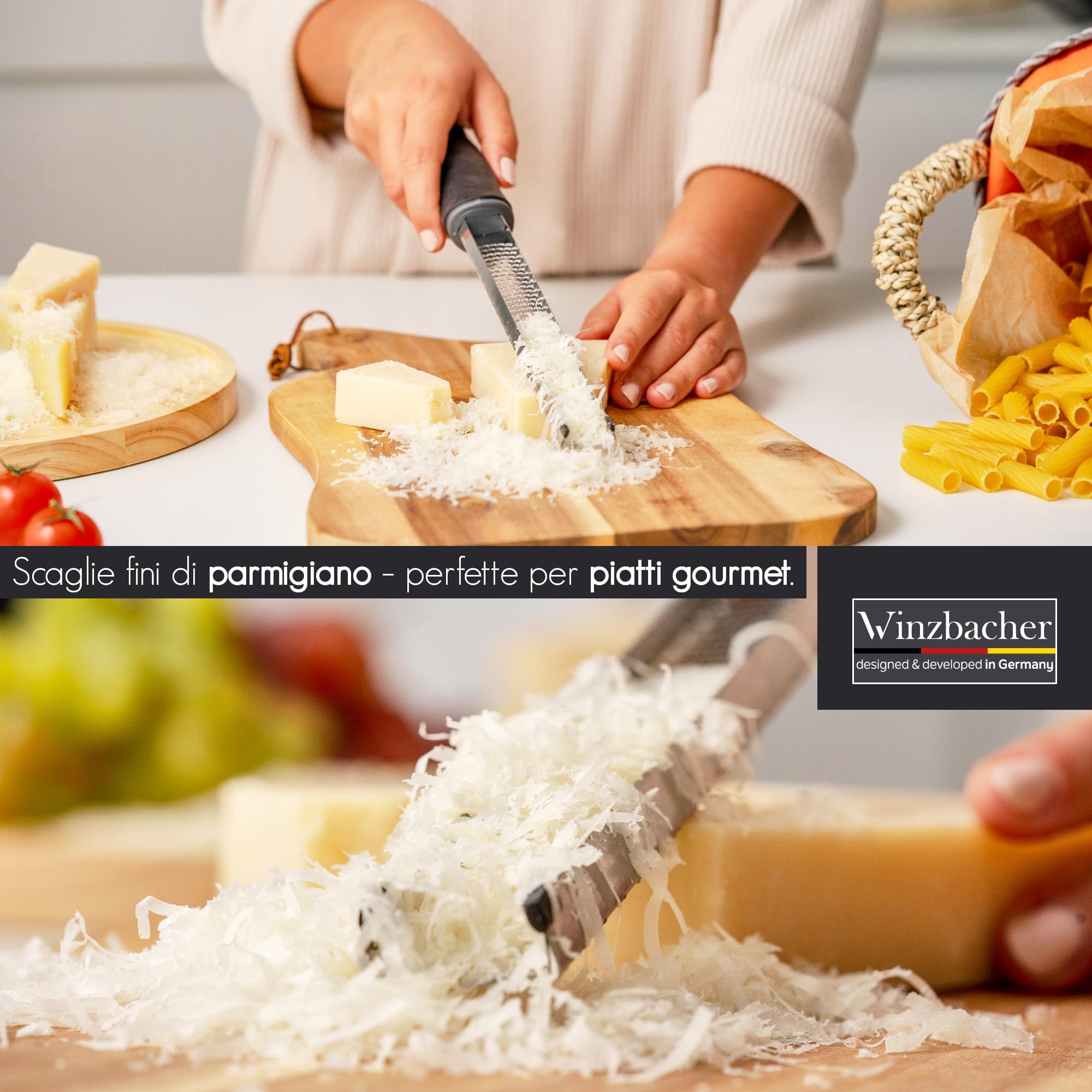 Winzbacher – Grattugia Zesteur Multifunzione | Per Parmigiano, Limone, Noce Moscata, Zenzero, Cioccolato, Aglio | Lama in Acciaio Inox Ultra Affilata | Lavabile in Lavastoviglie | Con Spazzola