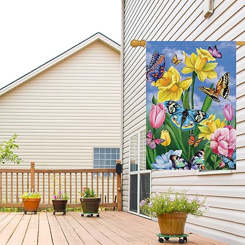 Miniatura 8 de Bandera de jardín de primavera de 12 x 18 pulgadas vertical de doble cara arpillera pequeña mariposa floral flores de bienvenida jardín patio casa