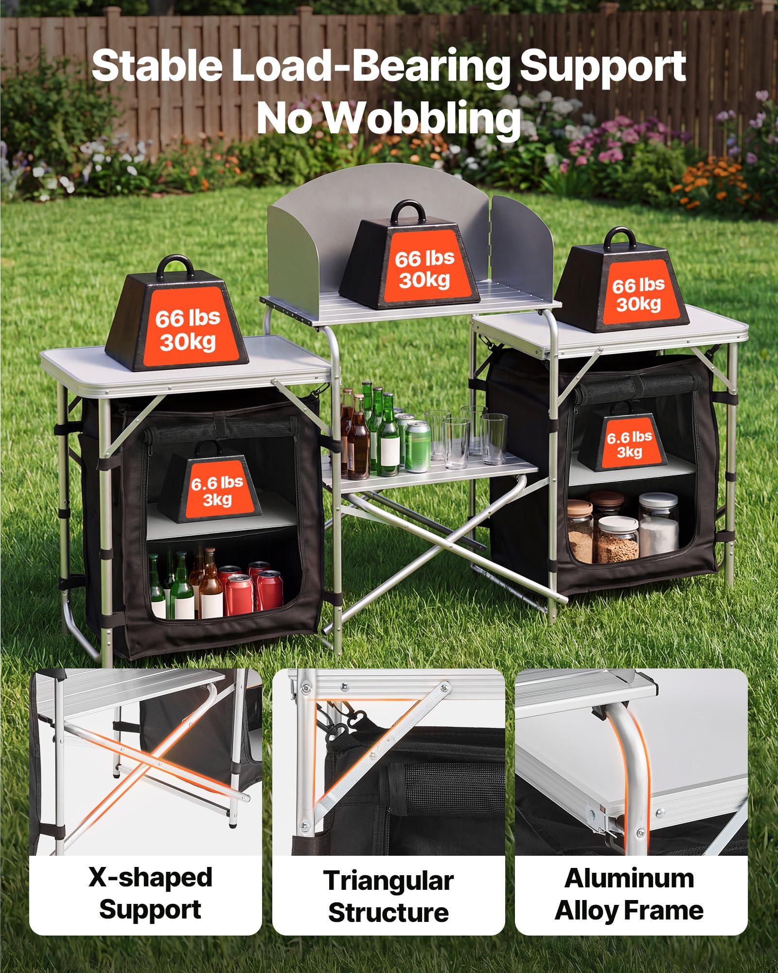 VEVOR Cuisine de Camping Pliable Table de Camping avec Rangement Portable, pour Barbecue, Pique Nique, Voyage, en Aluminium Léger, avec Tables Latérales, Pare-Vent Amovible et Sac de Transport