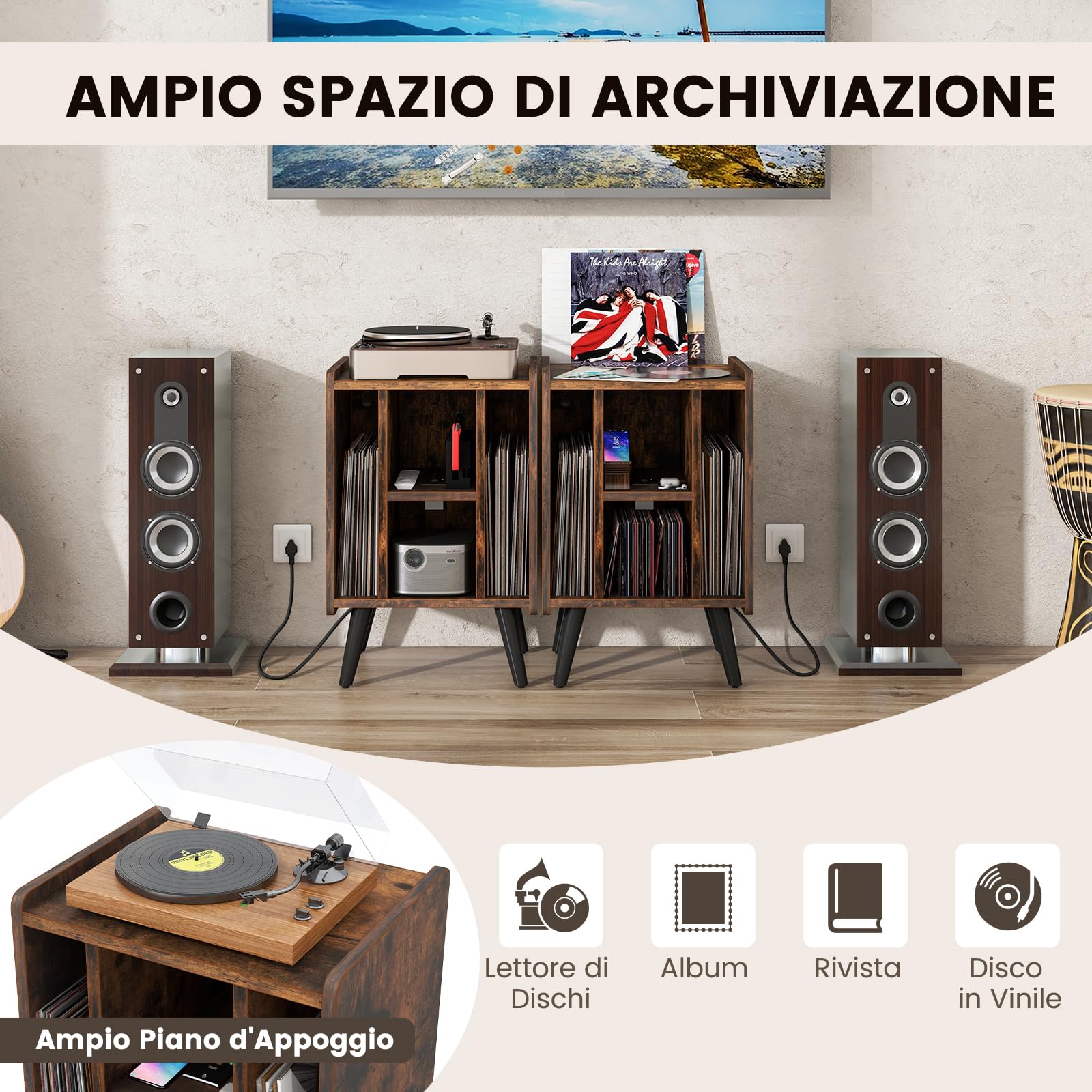 COSTWAY Supporto per Giradischi, Porta Vinili con 4 Ripiani Aperti, Presa di Corrente e Porta USB, con Mensole Espositive, per Soggiorno, Camera da Letto e Ufficio, 43 x 34,5 x 67,5 cm (Marrone)