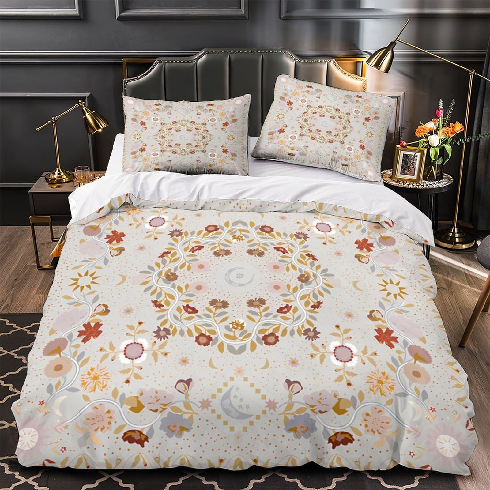 Housse de couette 3D fleurs bohème lit simple cadeau parfait pour couple amoureux