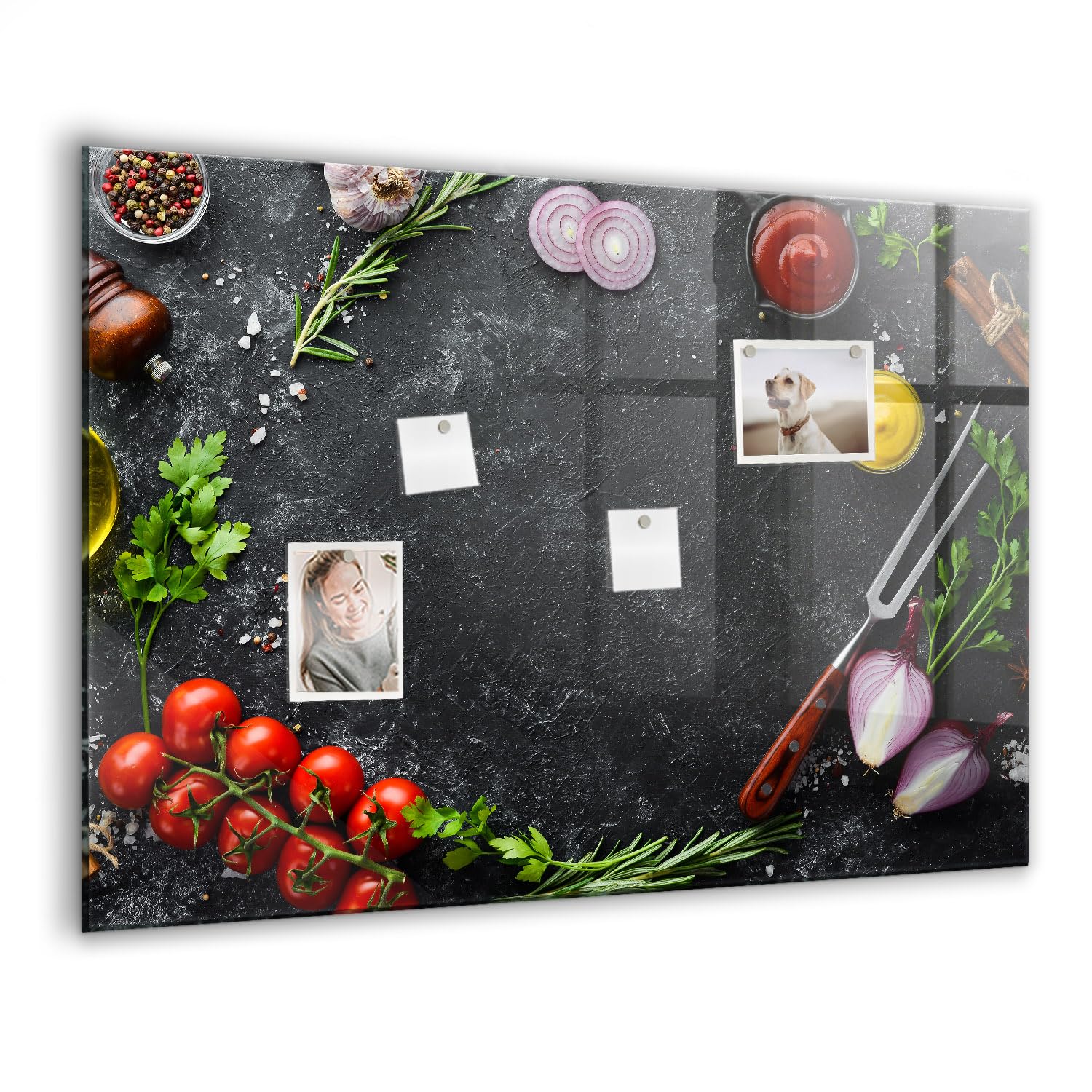 Glastafel magnetisch mit starken Magneten | Schreibtafel abwischbar | Wandtafel für Küche, Büro, Schule | Glänzende Glasoberfläche, modernes Design - 100x70cm Gemüse auf dem Tisch