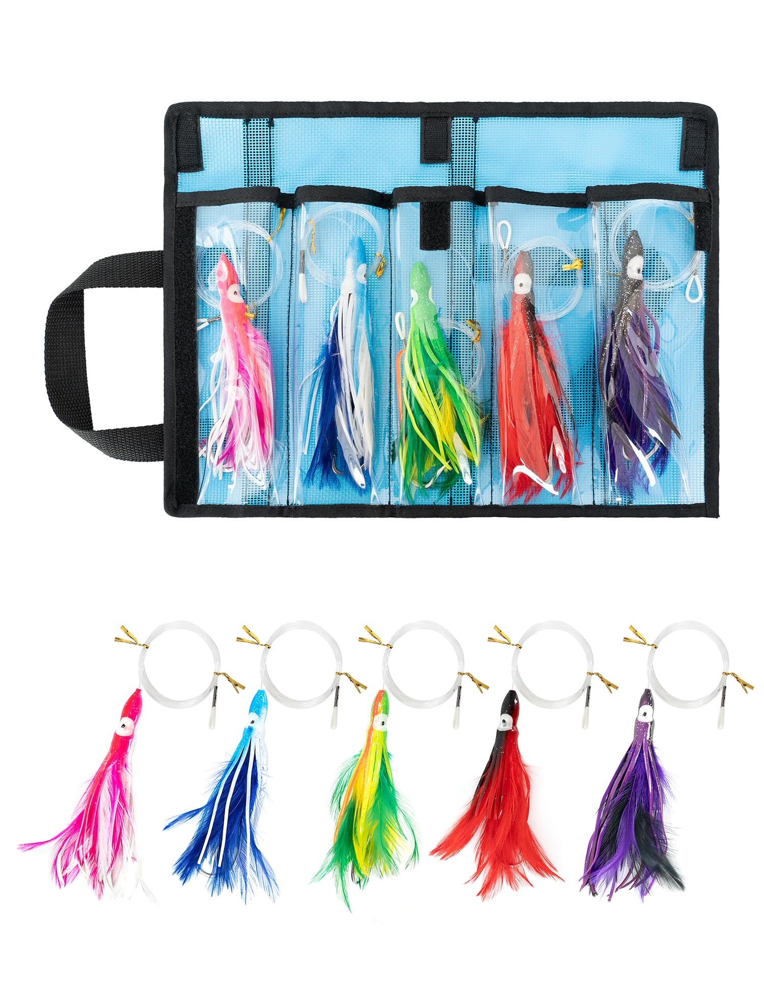 BLUEWING 5 Pack Tuna Feather Squid Lure Set Fishing Teaser with 6in Feathered Trolling Octopus and Stainless Steel Hook for Mahi Wahoo Marlin Big Game
