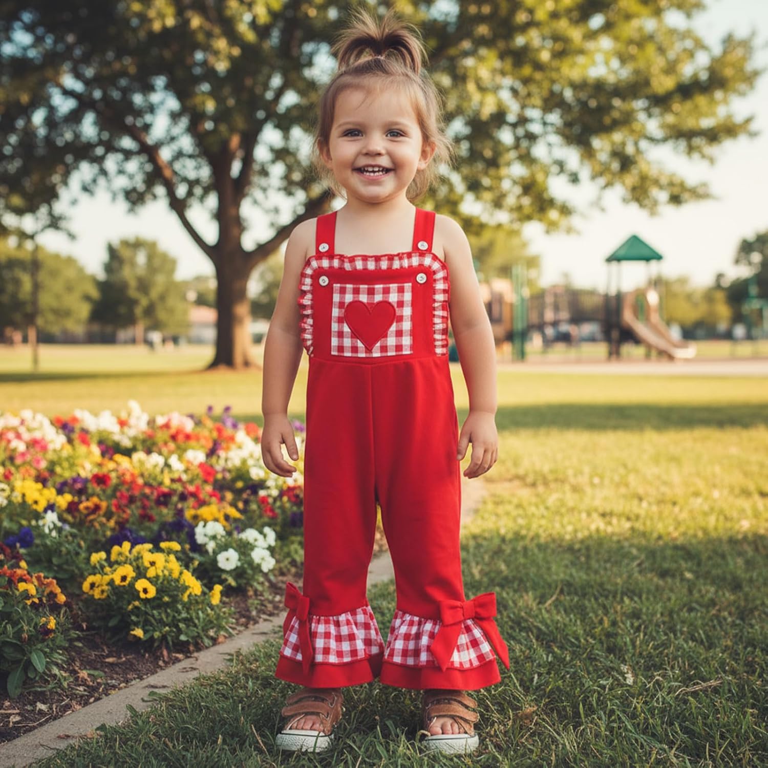 Toddler Baby Girl Valentine’s Day Romper Bow Print Tie Spaghetti Strap Jumpsuit Baby Bell Bottom Overall Pants - Image 2