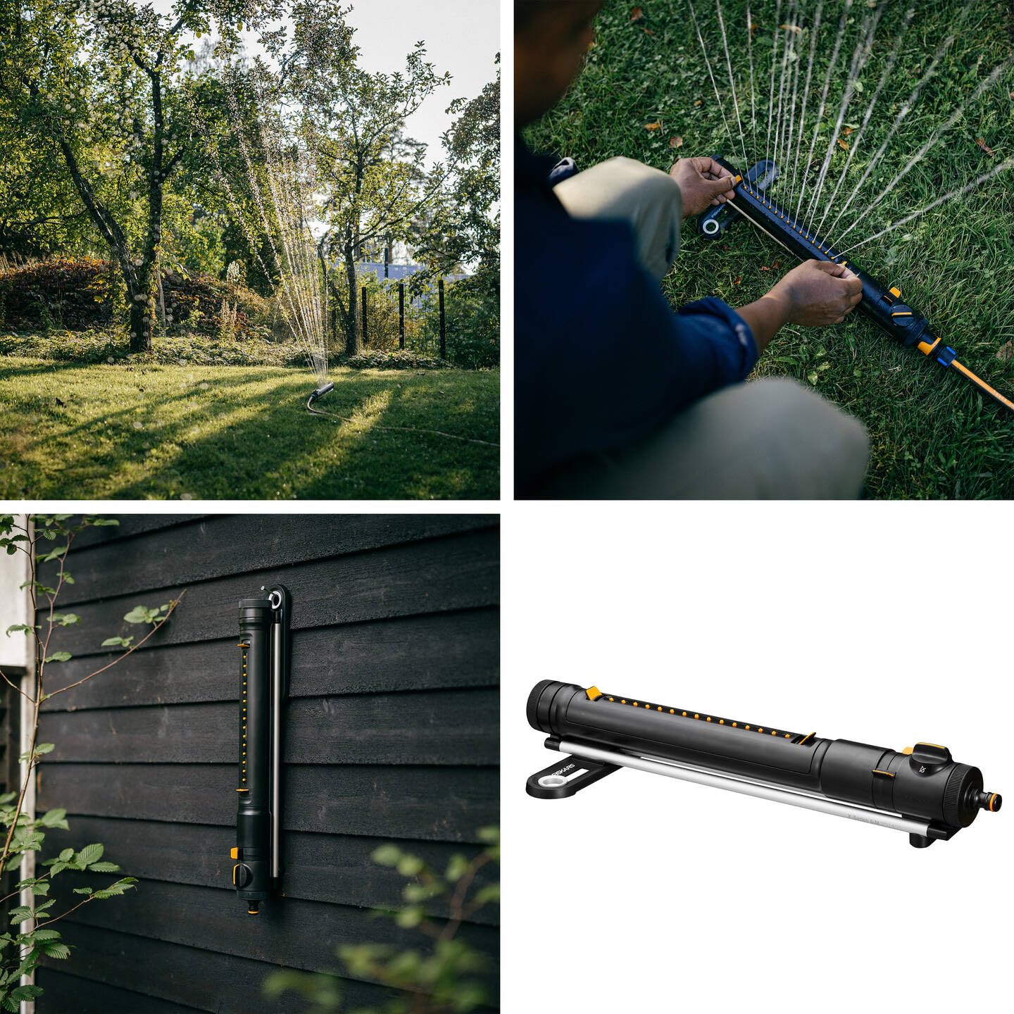 Fiskars X-Series Irrigatore Oscillante S-M | Comprensivo di filtro estraibile e strumento per la pulizia degli ugelli, Irrigazione di 150-300 m², Nero/Arancio, 1070832