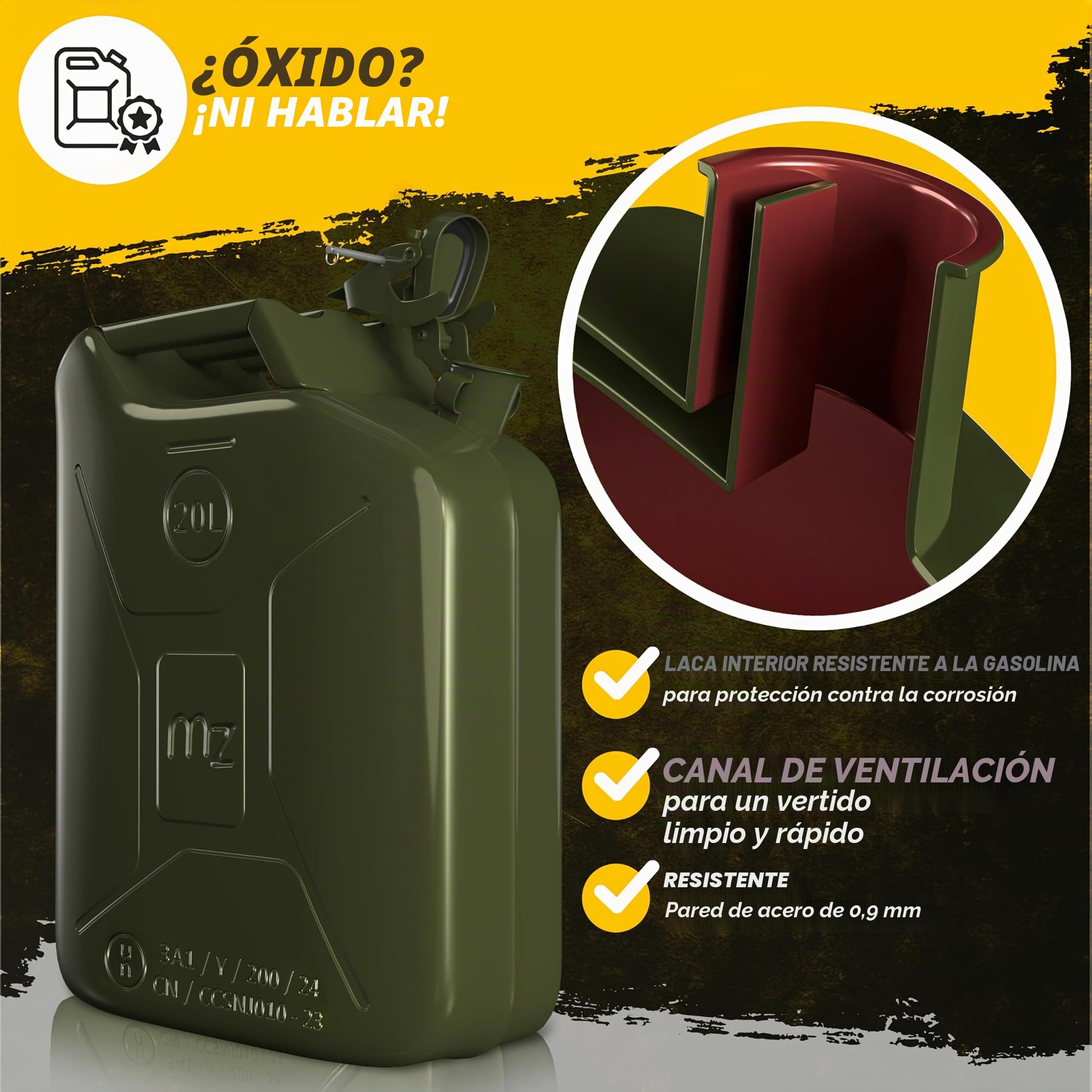MONZANA® Bidón Gasolina Metálico 20L Set de 3 con Vertedor Acero Extensión Cierre Bayoneta Homologación ONU Transporte Combustible Taller 36x17x46cm Verde Oliva