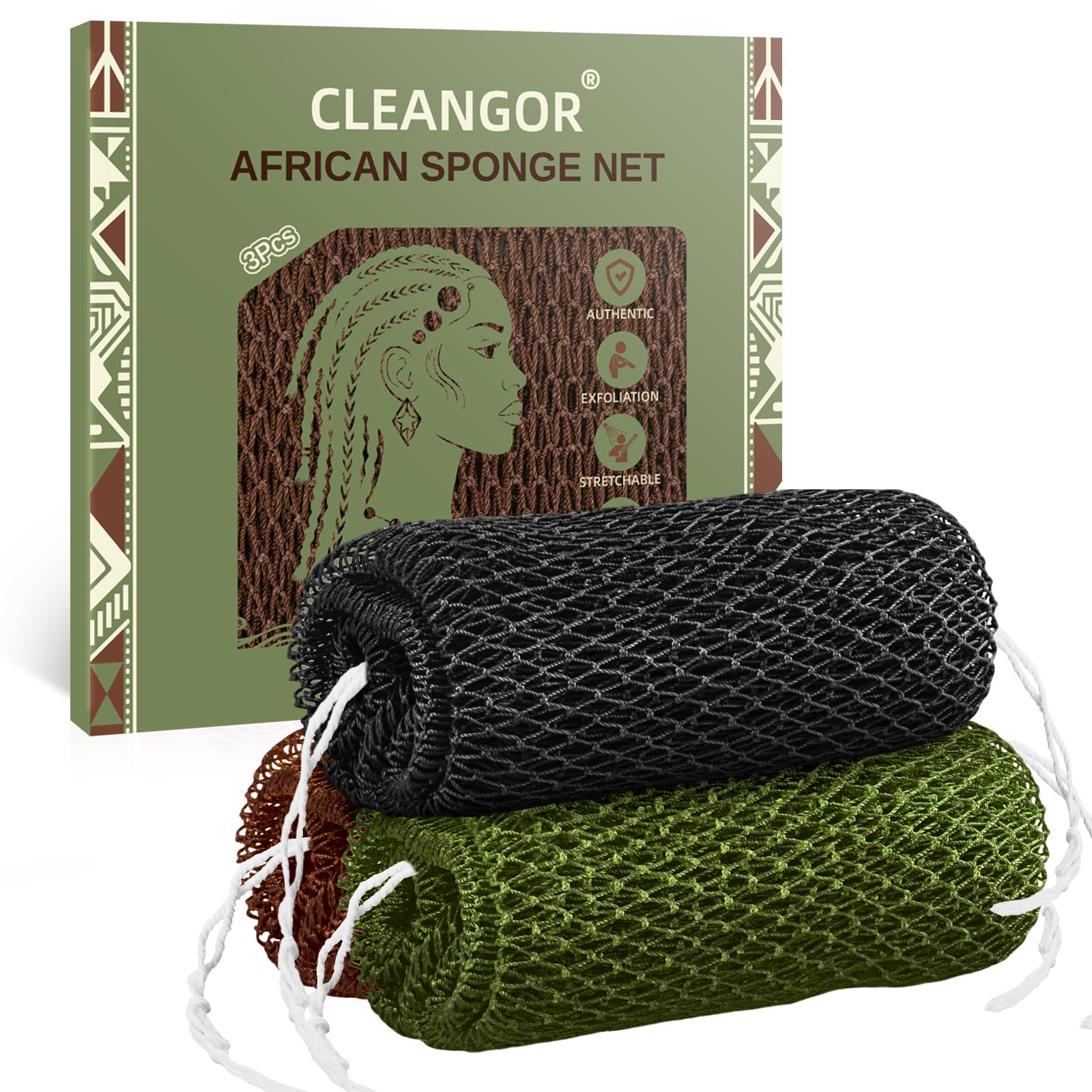Cleangor 3Pcs African Net Sponge Authentic with Knots - Exfoliating Body