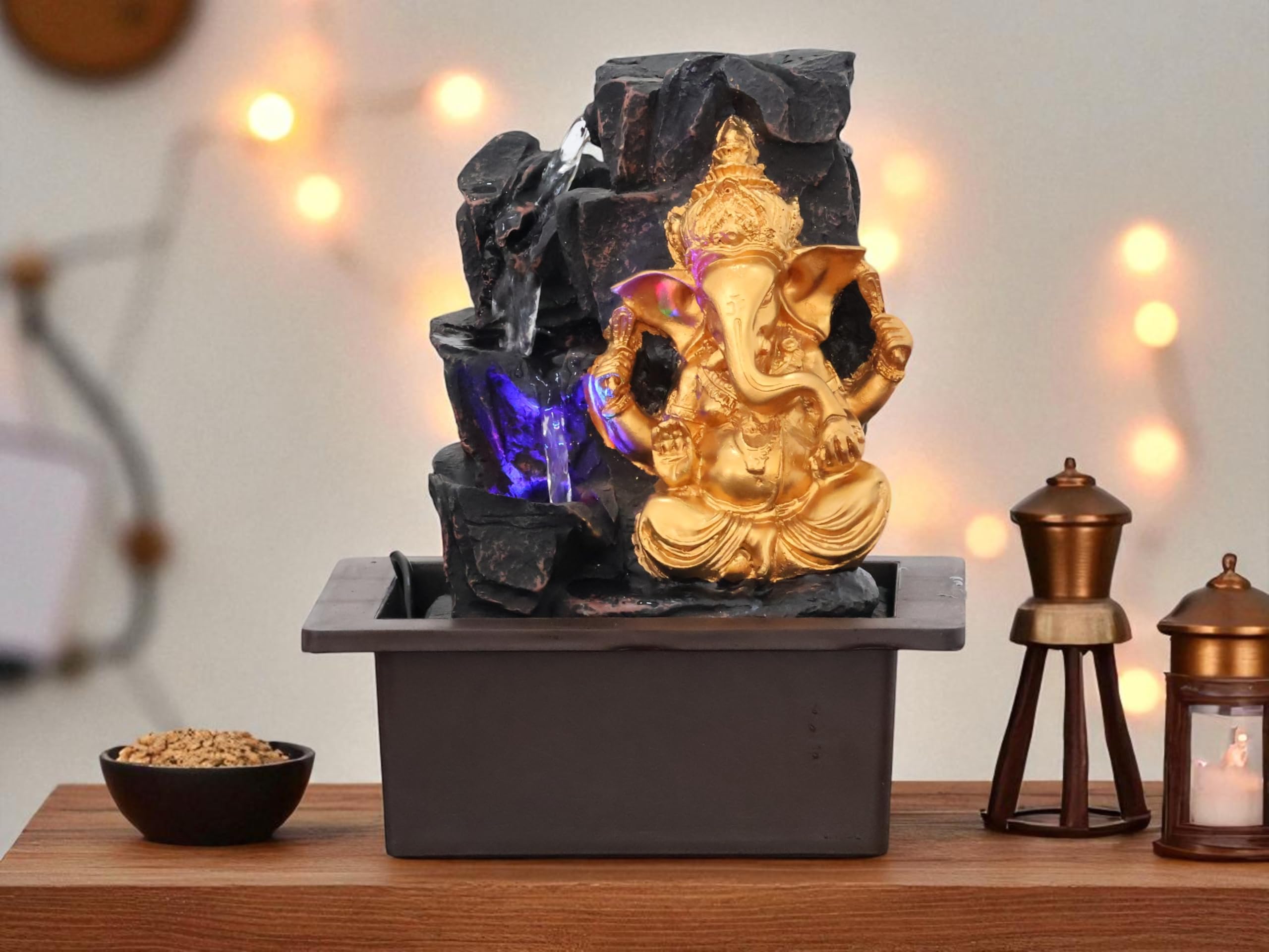 KridayKraft Ganesh Waterfall Design Table top Colour Changing Lights Fountain Polyresin Showpiece for Home Garden Living Room Decor Decoration Gift Items, 30 CM 1.3 kg