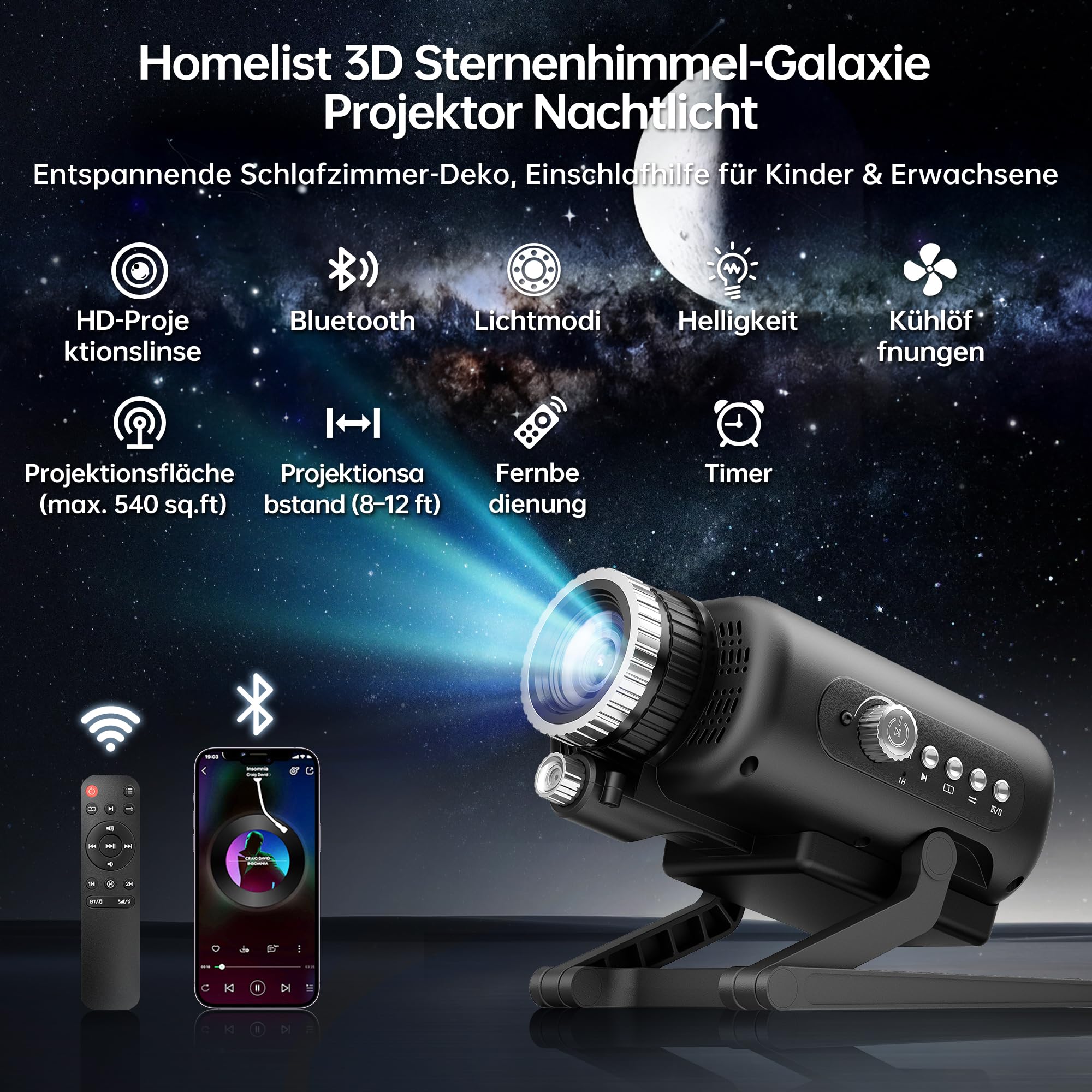 Homelist 3D Sternenhimmel Projektor mit 60 Themen, Galaxy Projektor mit Bluetooth Lautsprecher & Weißes Rauschen