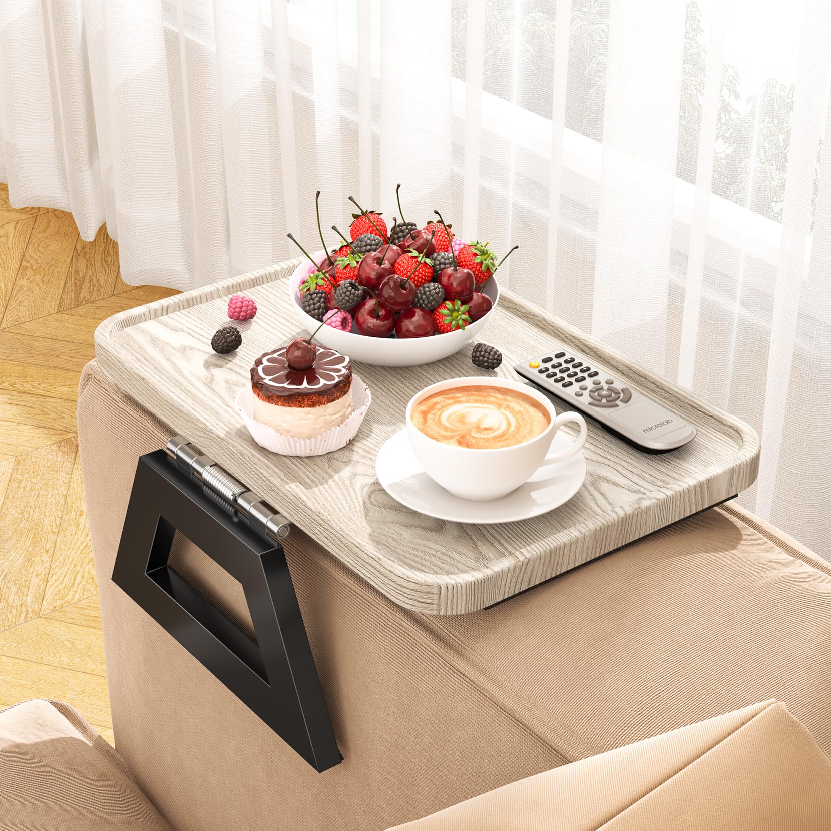 YASONIC Couch Arm Tray, Wood Sofa Armrest Tray for Small Space, Non-Slip/Collapsible Sofa Arm Table with Strong Clamping Force, Free-Installation Trayble for Drinks/Snacks/Books/Remote, Creamy White