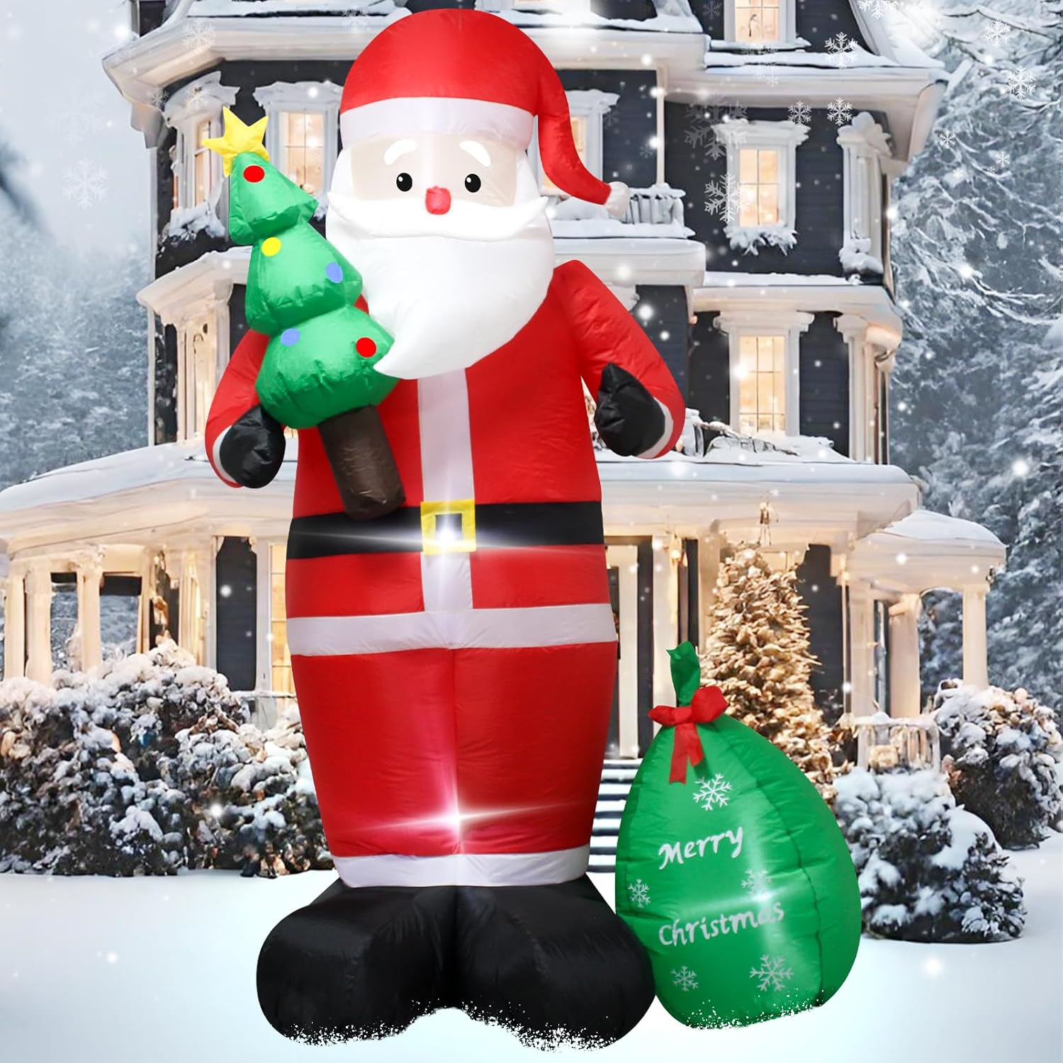 8ft Santa Claus Inflatable Outdoor Decoration, Christmas Blow Up Yard Decor with Gift Bag & Christmas Tree, Waterproof Holiday Inflatables for Front Lawn, Xmas Clearance Gift (Easy Setup & LED Lights)