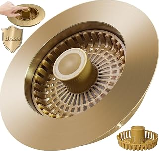 3 in 1 Kitchen Sink Stopper, Pop Up Kitchen Sink Drain Strainer, with an Extra Basket Strainer, Kitchen Sink Drain Stopper for US Standard 3-1/2 Inch, Brass Material Electroplate Gold,Easy to Clean