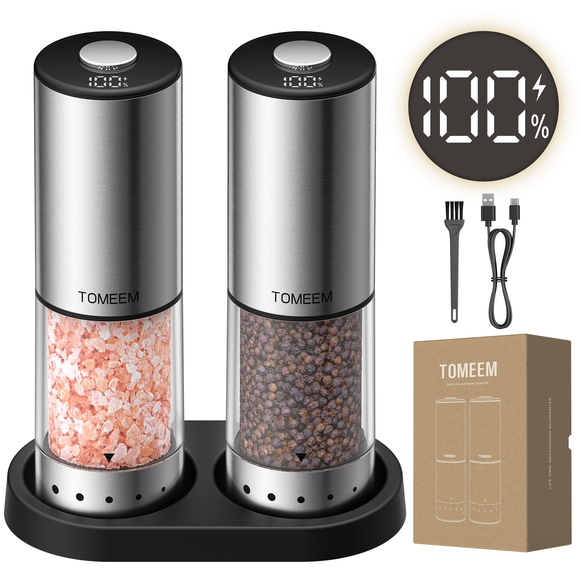 TOMEEM Moulin à poivre et sel électrique rechargeable - Grande capacité - En acier inoxydable - 115 ml - Automatique - Avec base de rangement - Affichage LED et lumière - Argenté - Base de rangement