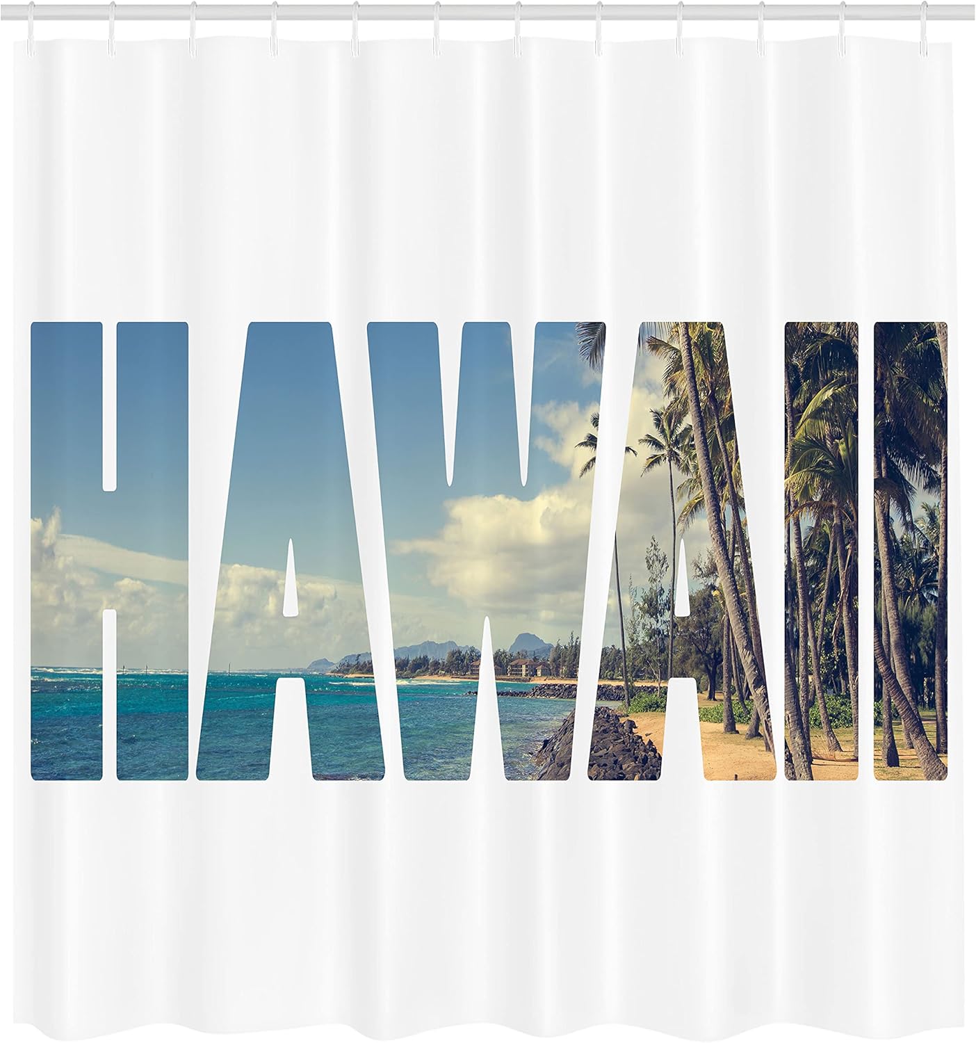Ambesonne Hawaiian Shower Curtain, Word Hawaii with Tropical Island Photo Exotic Popular Places Palm Forest by Ocean, Cloth Fabric Bathroom Decor Set with Hooks, 69" W x 84" L, Blue White