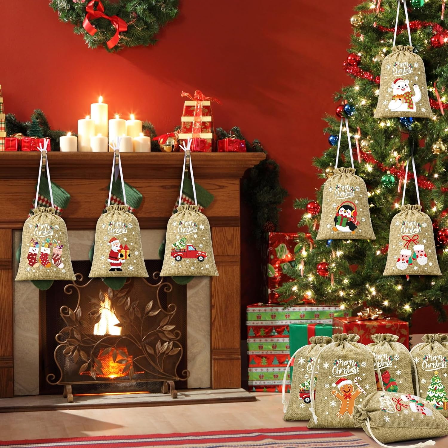 FLOE 72Pcs Christmas Burlap Gift Bags with Drawstring, 5x7in Christmas Linen Treat Bags with Tag, Xmas Candy Bag Small Jute Goody Reusable Gift Wrapping Bag Xmas Holiday Party Favors Sacks