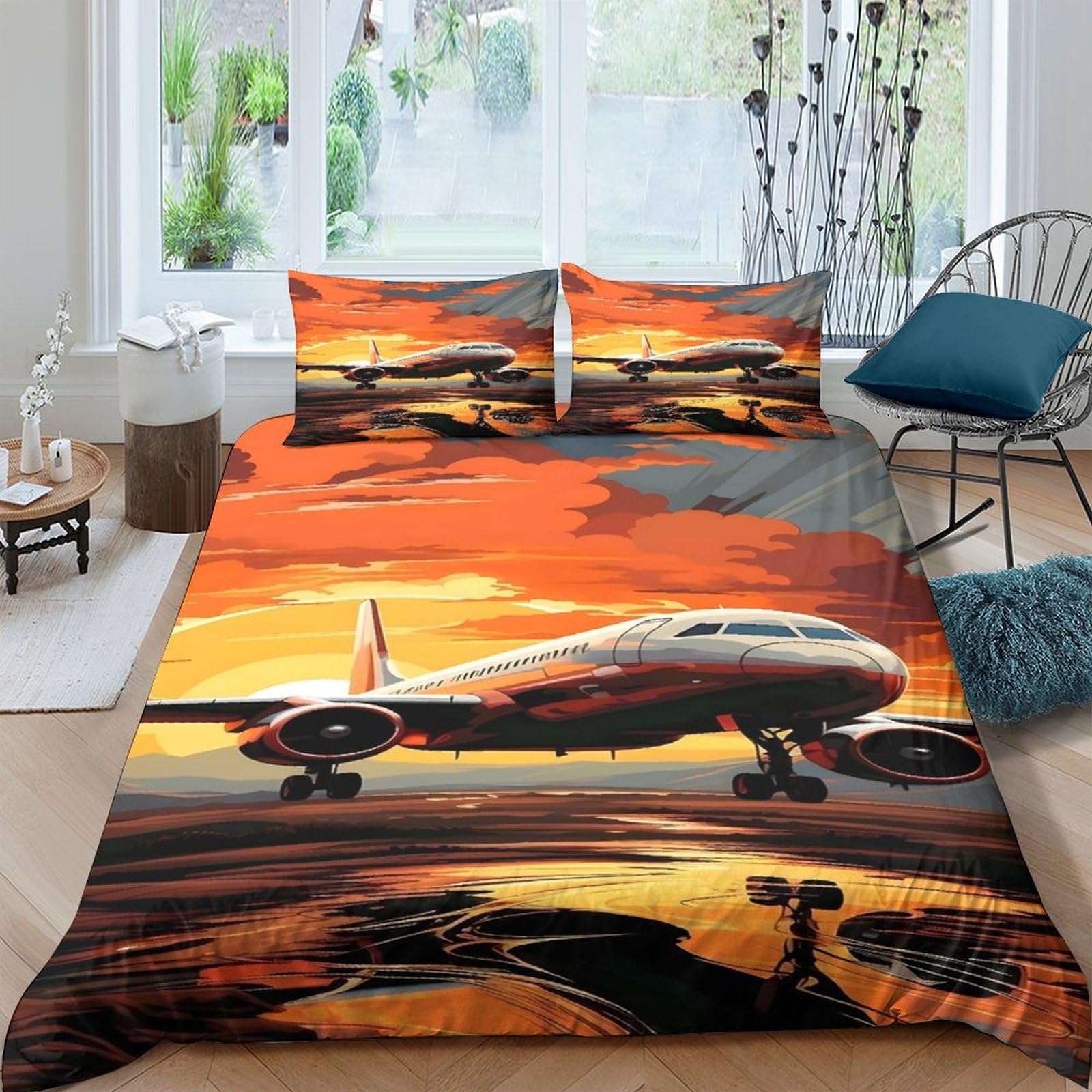 Ctjqhvkz Style-5 3D Printed Sunset Airplane Fitted Sheet Microfiber Soft Orange Runway Bed Cover For Bedroom Guest Room Mattress Decor Single（135X200cm）